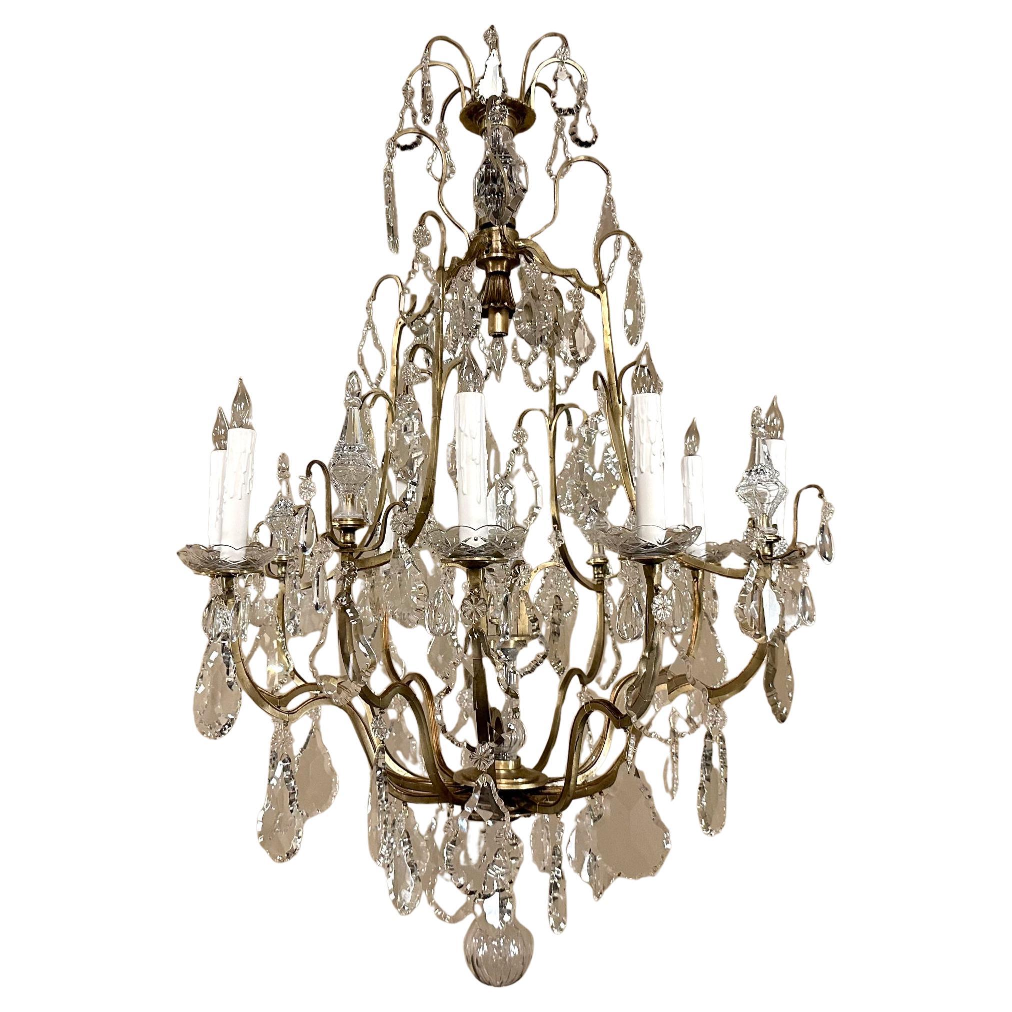 Elegant Parisian Style Brass and Cut Crystal Chandelier For Sale