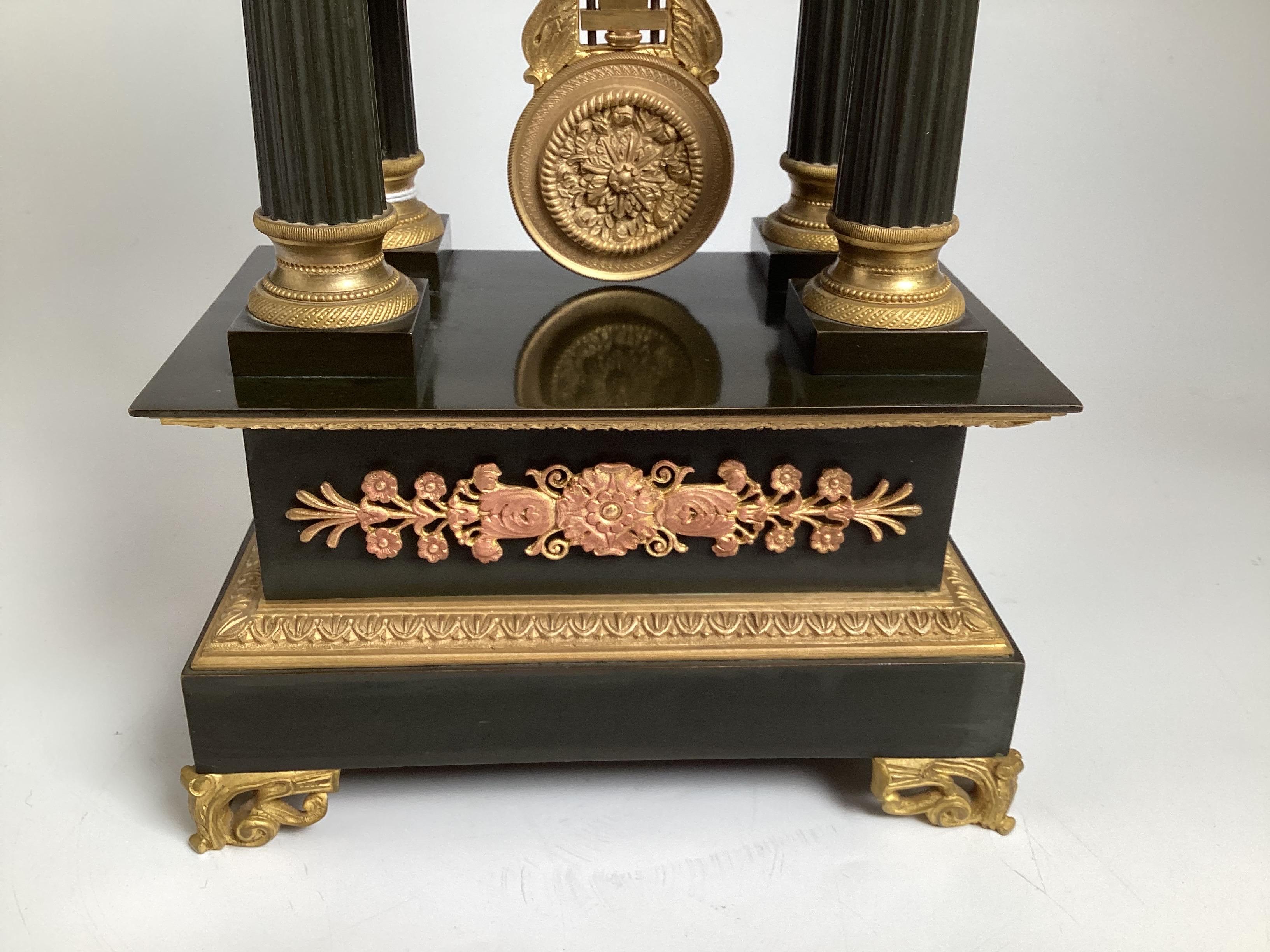 Elegant Patinated and Gilt Bronze Portico Clock Circa 1875 In Good Condition For Sale In Lambertville, NJ