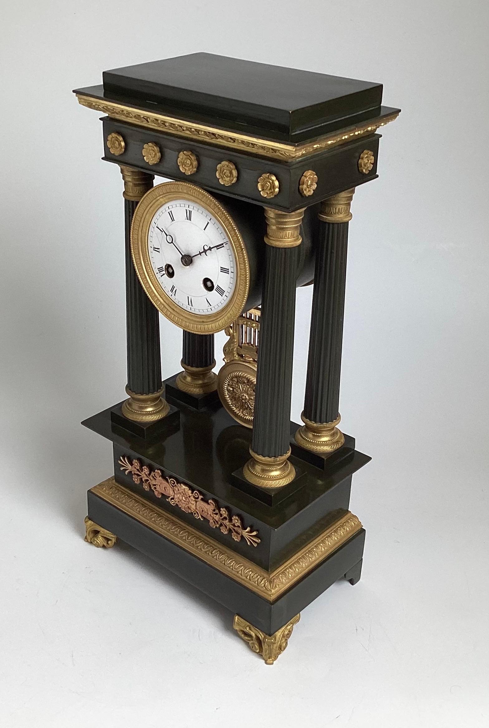 Elegant Patinated and Gilt Bronze Portico Clock Circa 1875 For Sale 1