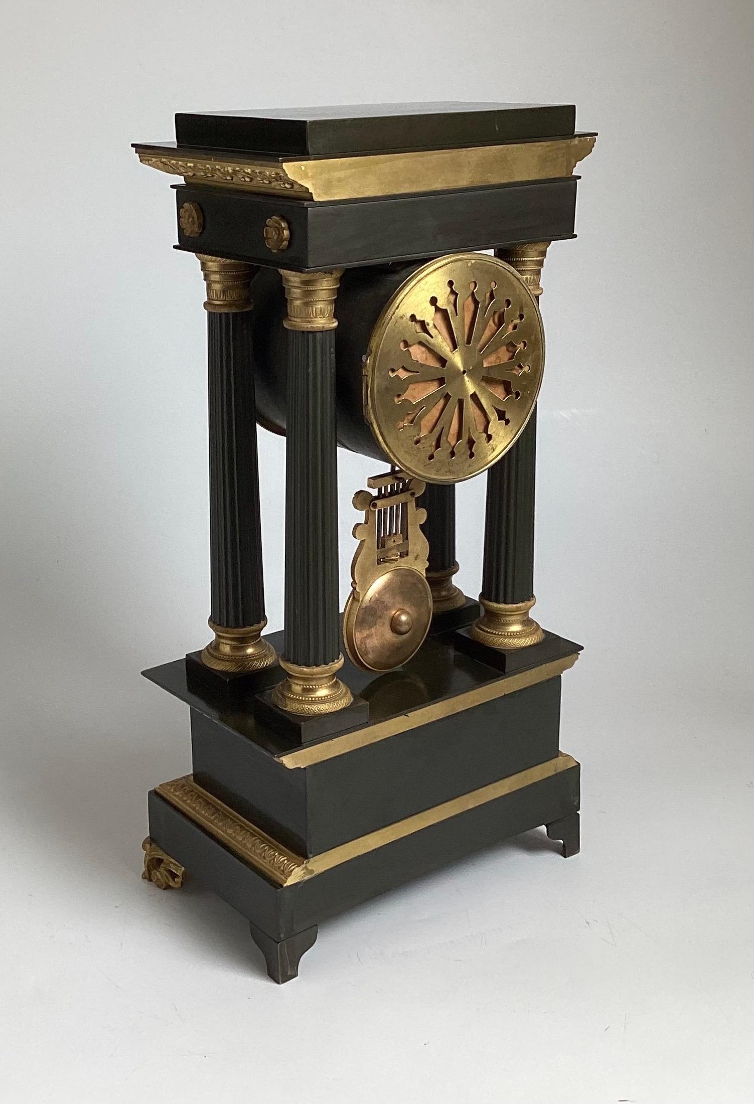 Elegant Patinated and Gilt Bronze Portico Clock Circa 1875 For Sale 2