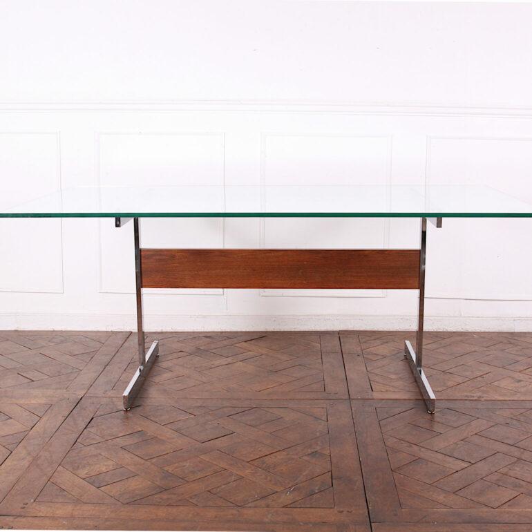 Designer Paul McCobb mid century chrome and glass dining table.