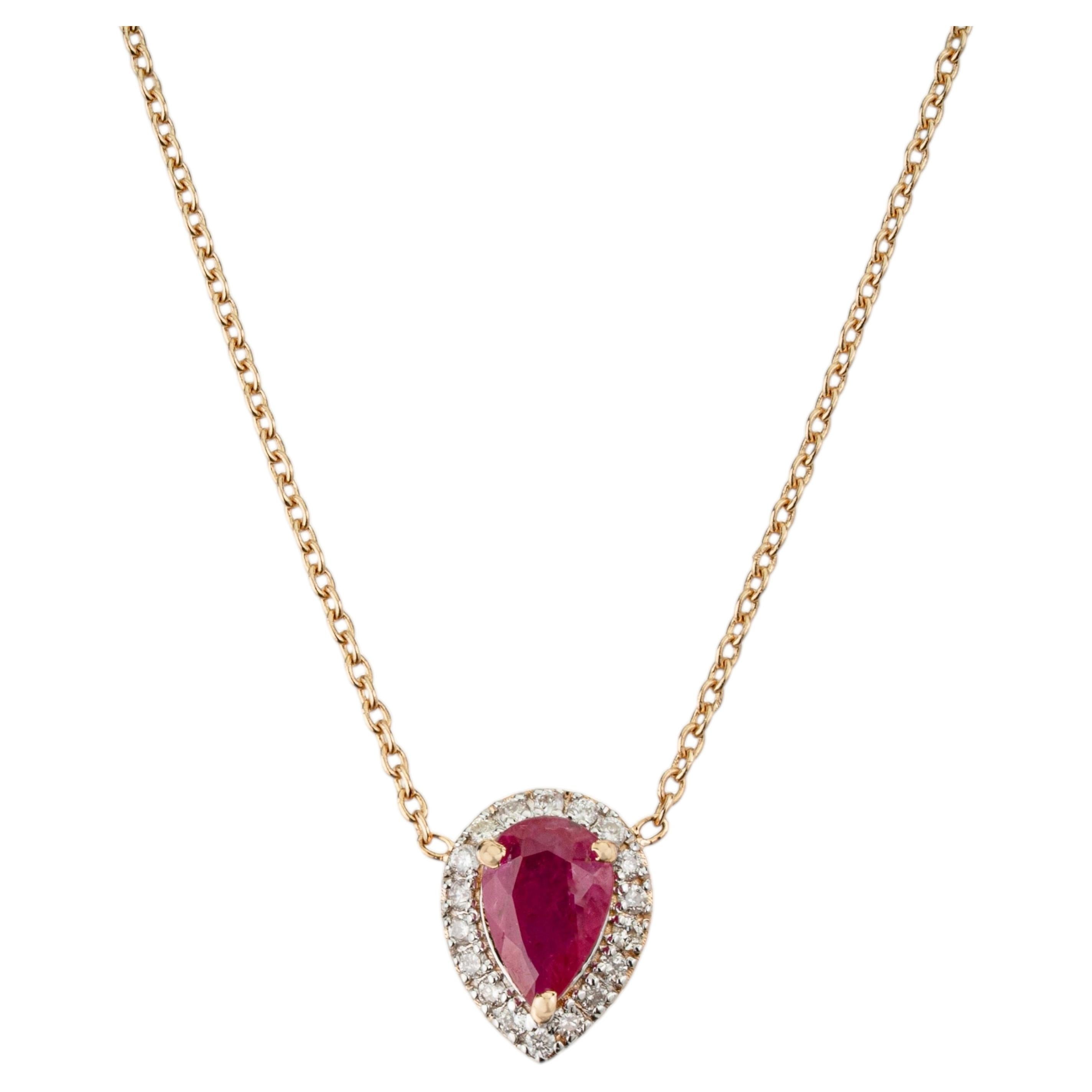 Elegant Pear Cut Natural Ruby & Diamond Halo Pendant Necklace in 18K Yellow Gold For Sale