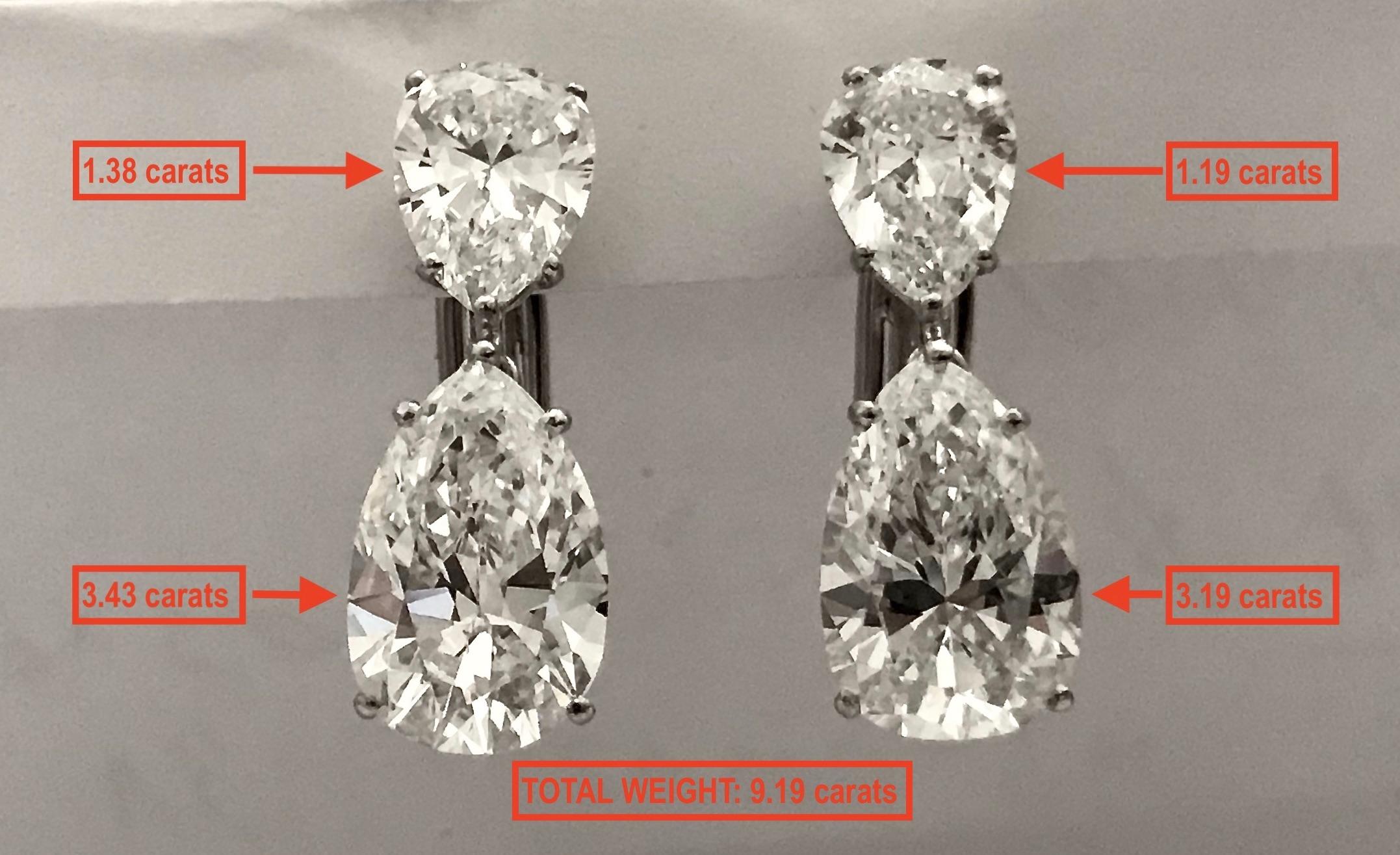 A classic style that is always elegant, these fabulous drop earrings feature four beautiful pear shape diamonds.  They are tastefully mounted in handmade five prong settings with clip backs in 18kt white gold and they were made in Italy.  Upon