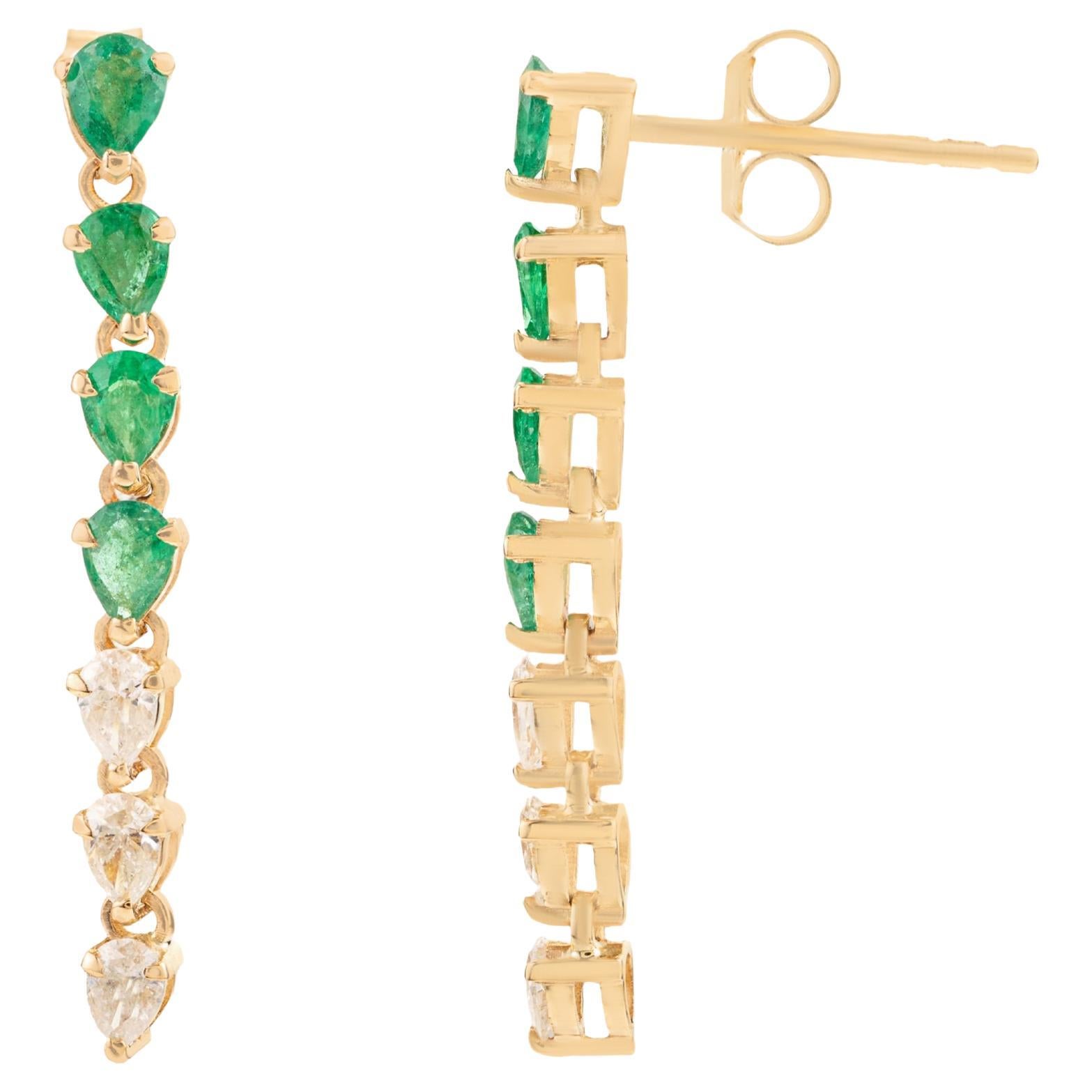 Elegant Pear Shape Zambian Emerald and Diamond Drop Earrings in 14K Yellow Gold