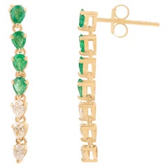 Elegant Pear Shape Zambian Emerald and Diamond Drop Earrings in 14K Yellow Gold