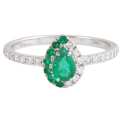 Elegant Pear-Shaped 14k White Gold Emerald Ring with Brilliant Diamond Accents