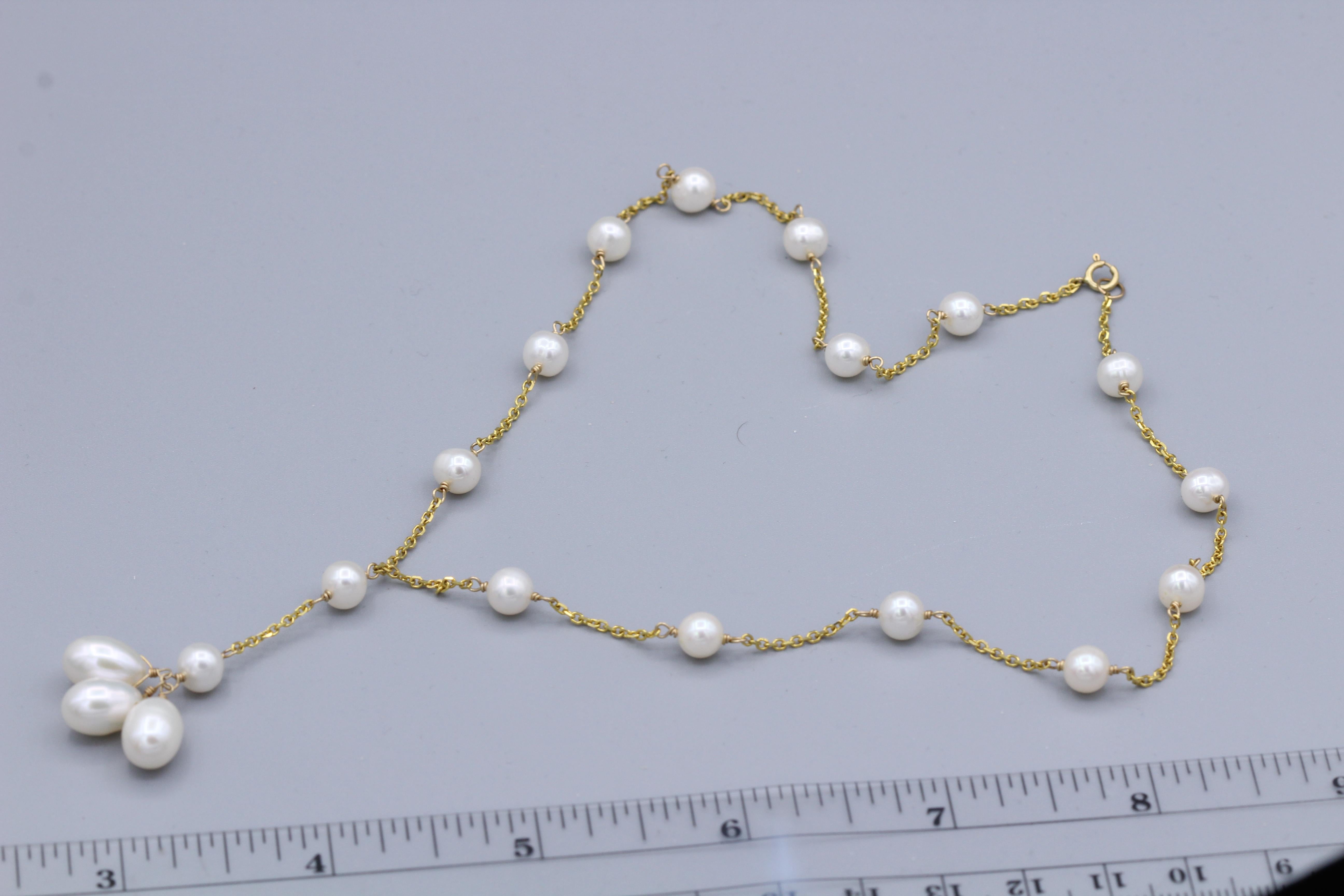 Collier élégant de perles en or jaune 14 carats, style fil de fer perlé et perles pendantes Neuf - En vente à Brooklyn, NY