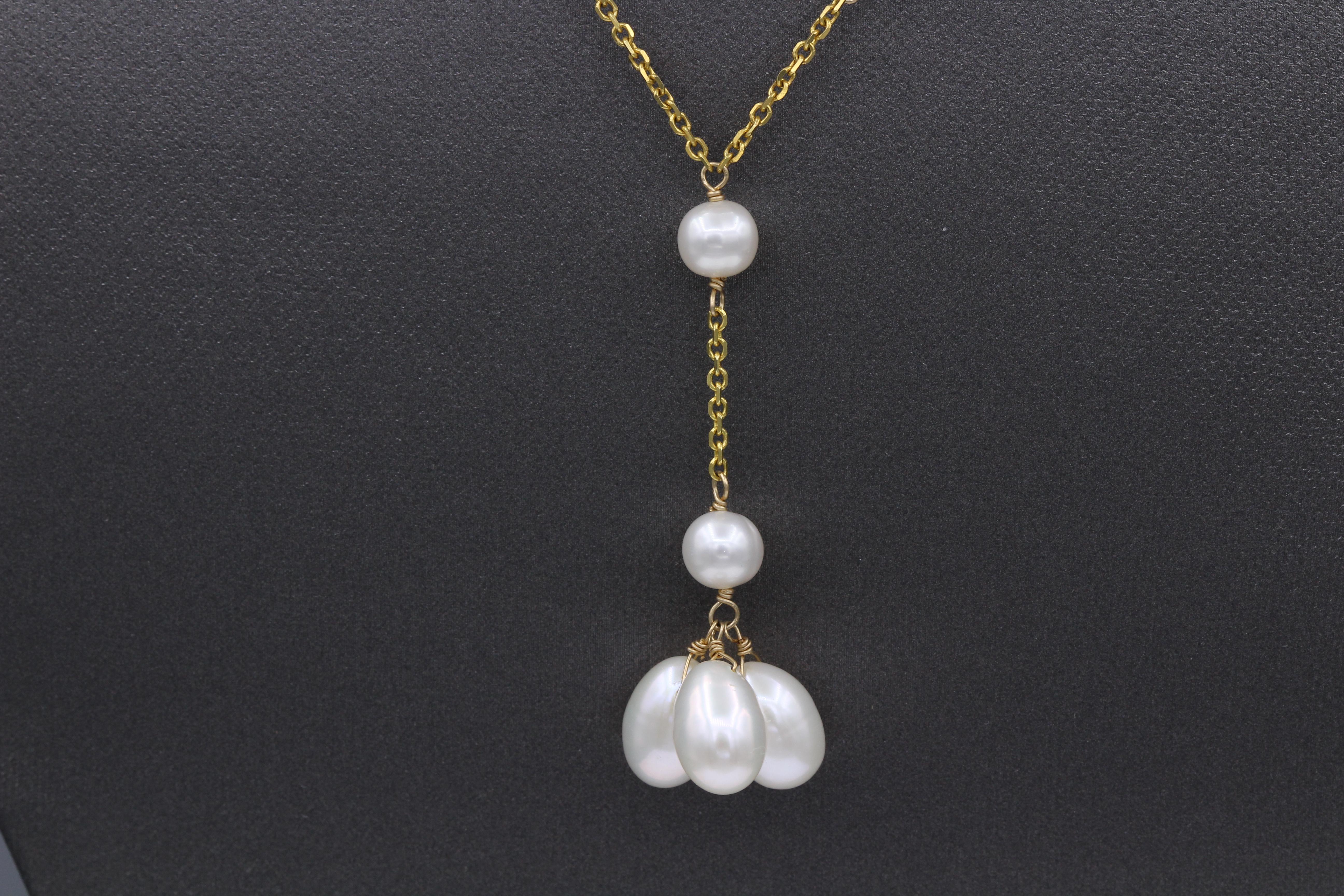 Round Cut Elegant Pearl Necklace Beaded Wire Style 14k Yellow Gold Dangle Pearls For Sale