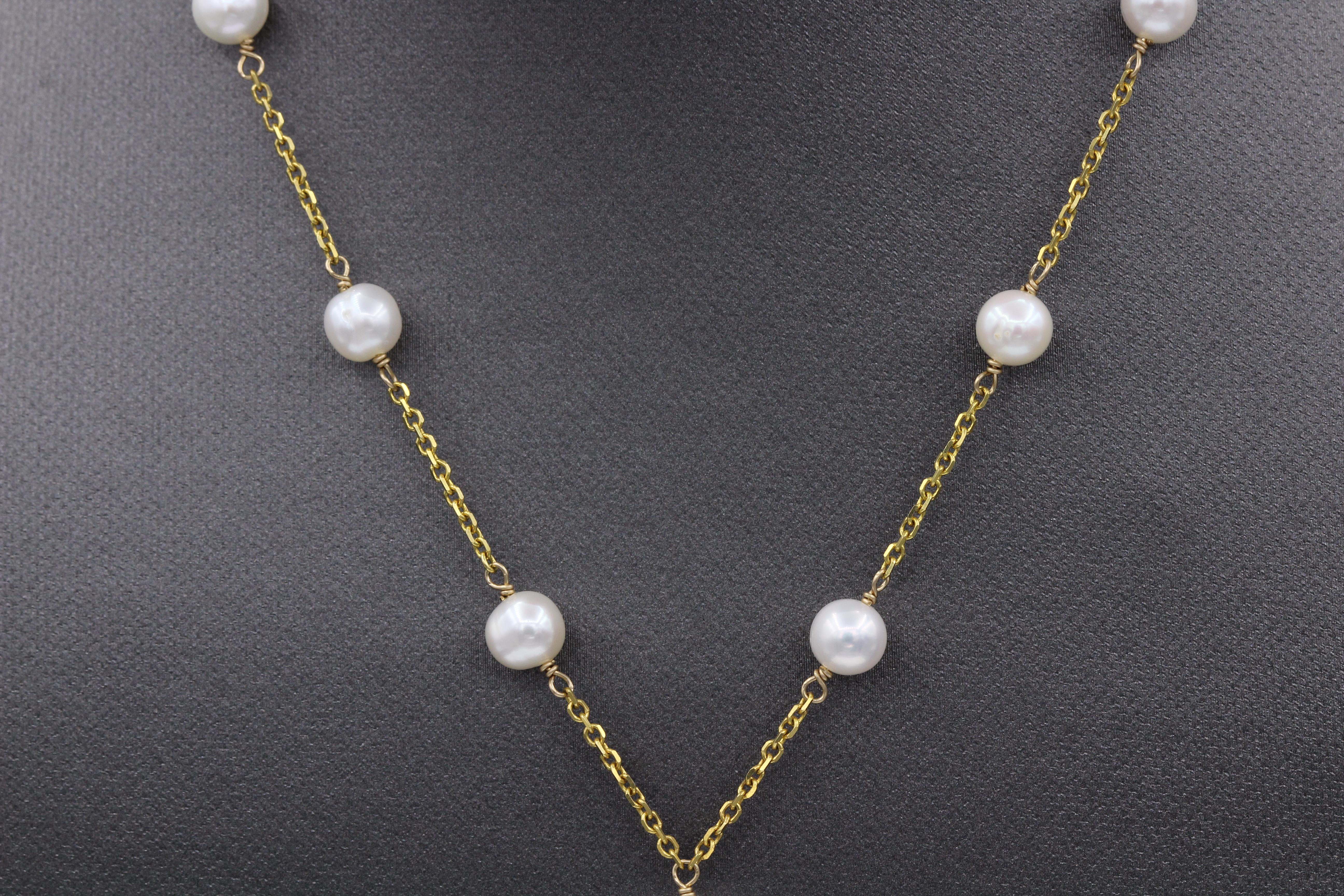 Elegant Pearl Necklace Beaded Wire Style 14k Yellow Gold Dangle Pearls In New Condition For Sale In Brooklyn, NY