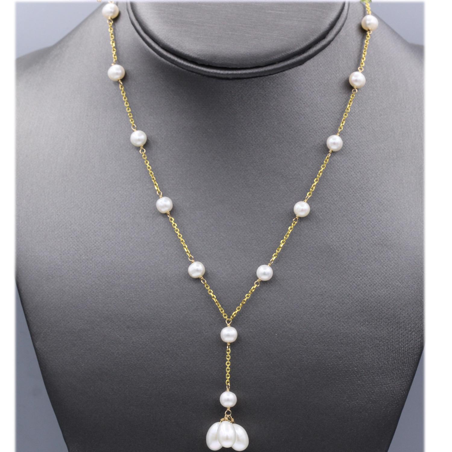 Collier élégant de perles en or jaune 14 carats, style fil de fer perlé et perles pendantes en vente 4
