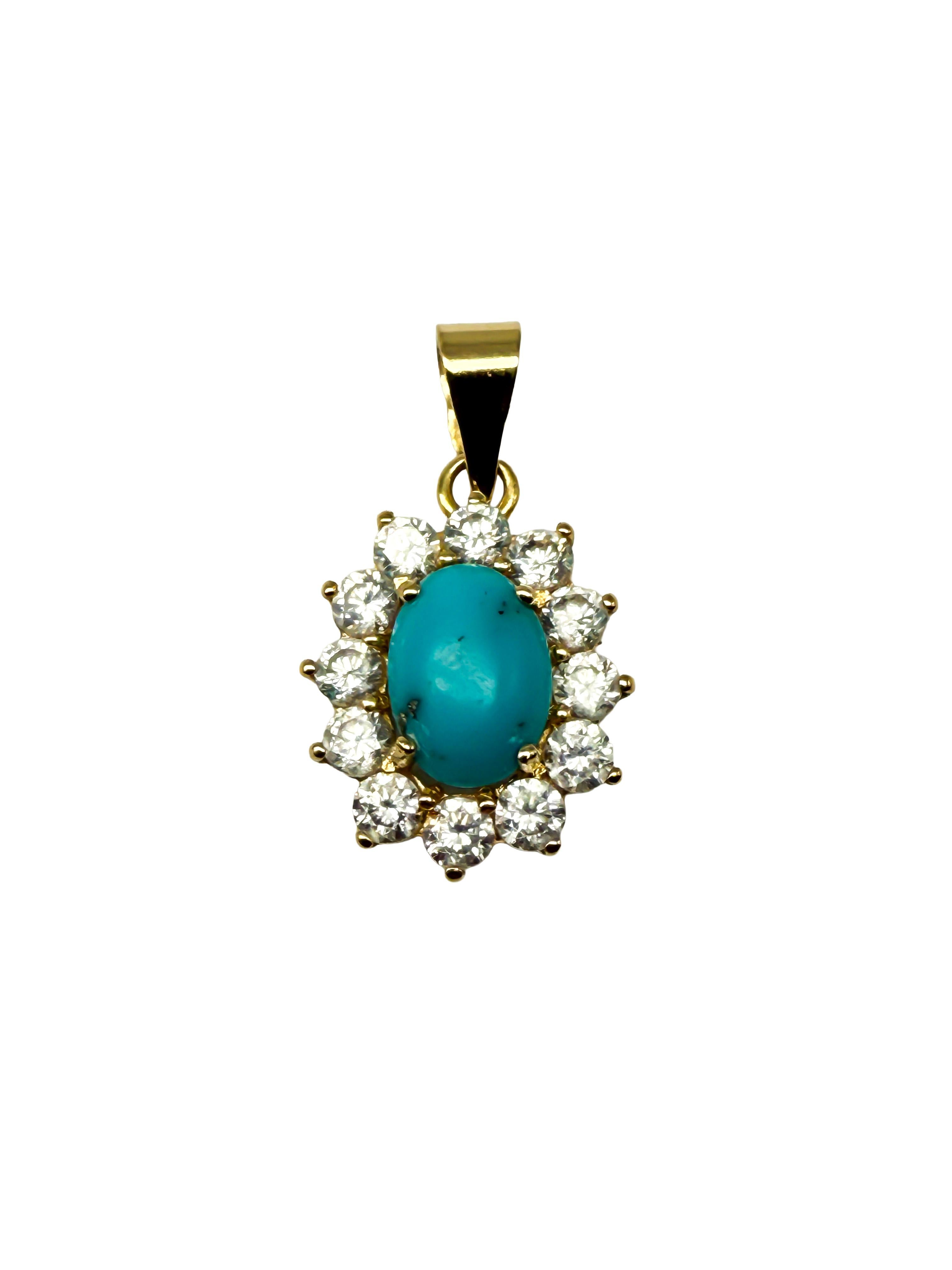 Elegant Pendant in 14K Yellow Gold with Turquoise and Diamonds en Bueno estado para la venta en Berlin, DE