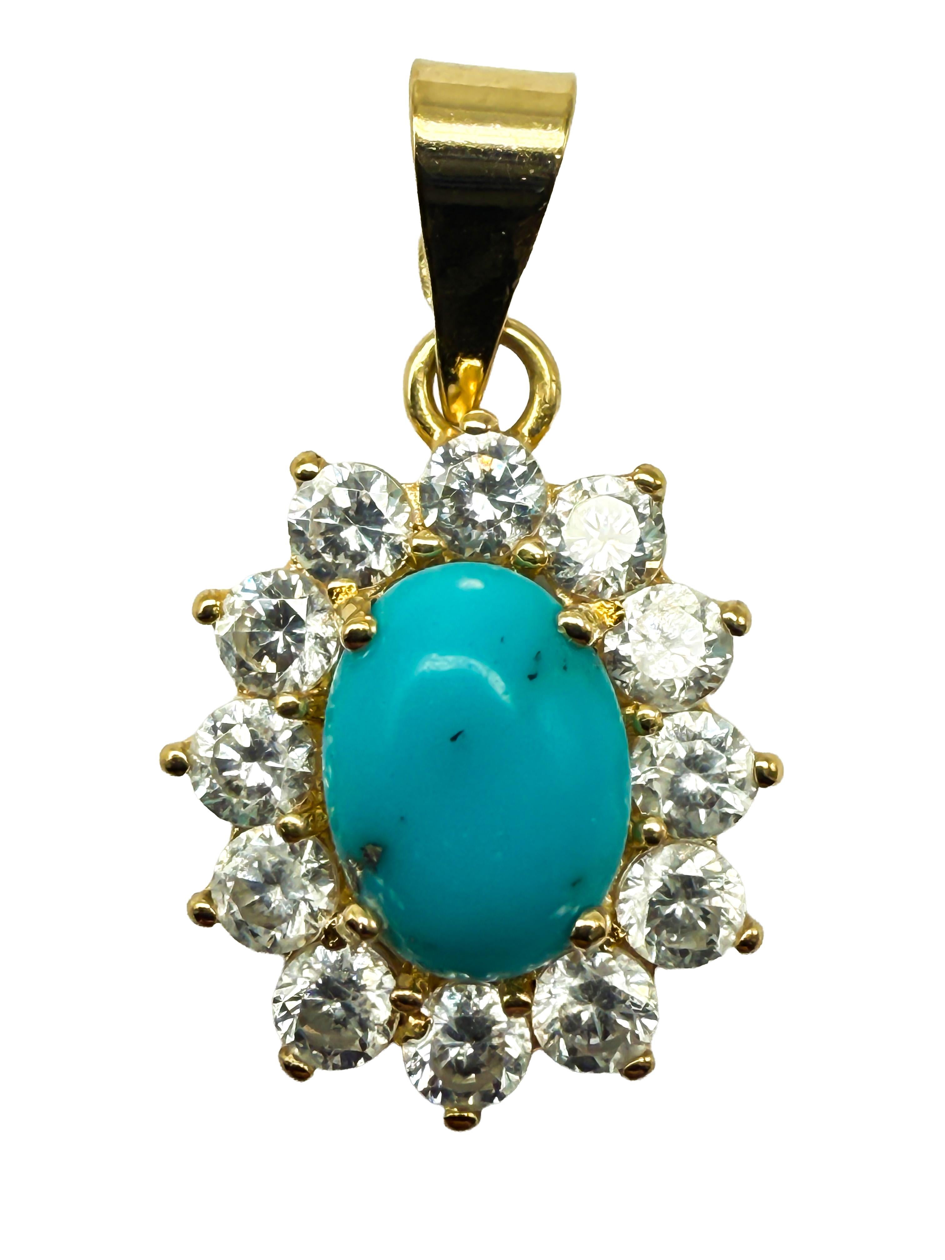 Elegant Pendant in 14K Yellow Gold with Turquoise and Diamonds en venta 1