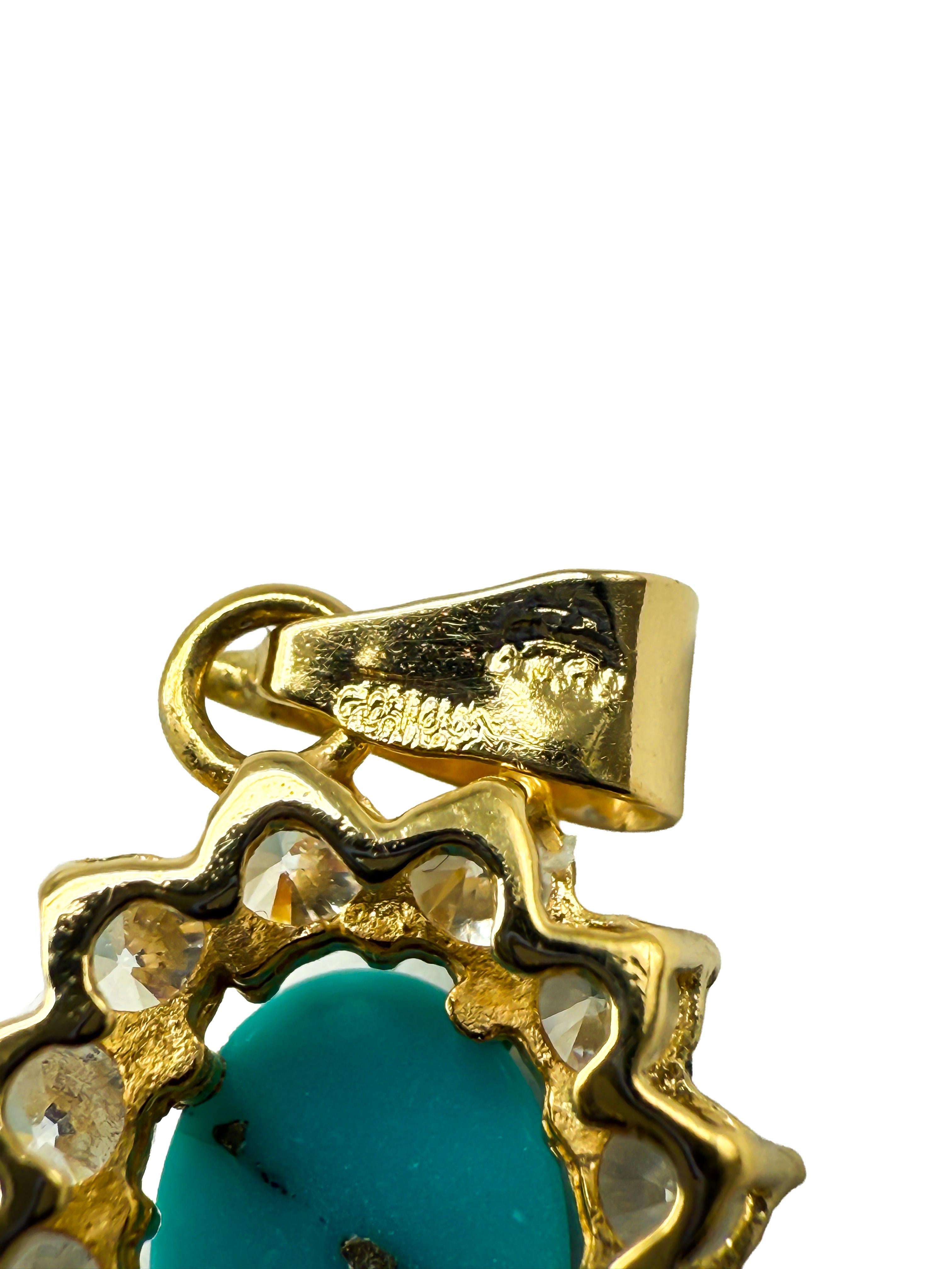 Elegant Pendant in 14K Yellow Gold with Turquoise and Diamonds en venta 2