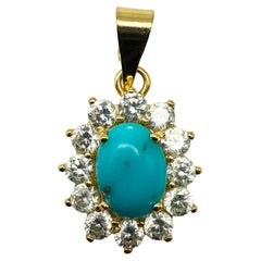 Elegant Pendant in 14K Yellow Gold with Turquoise and Diamonds