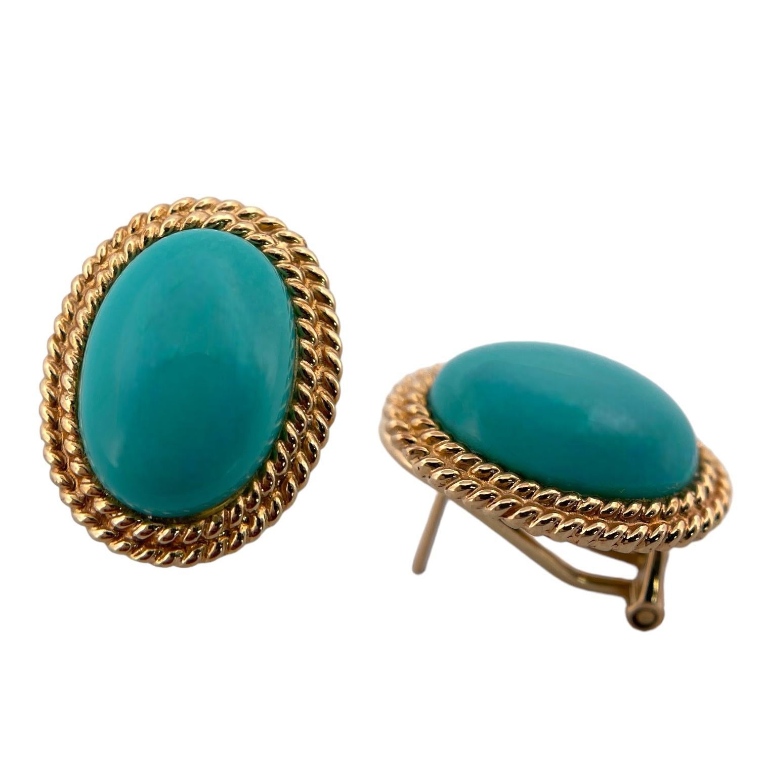 Oval Cut Elegant Persian Turquoise Earrings in 14K Yellow Gold