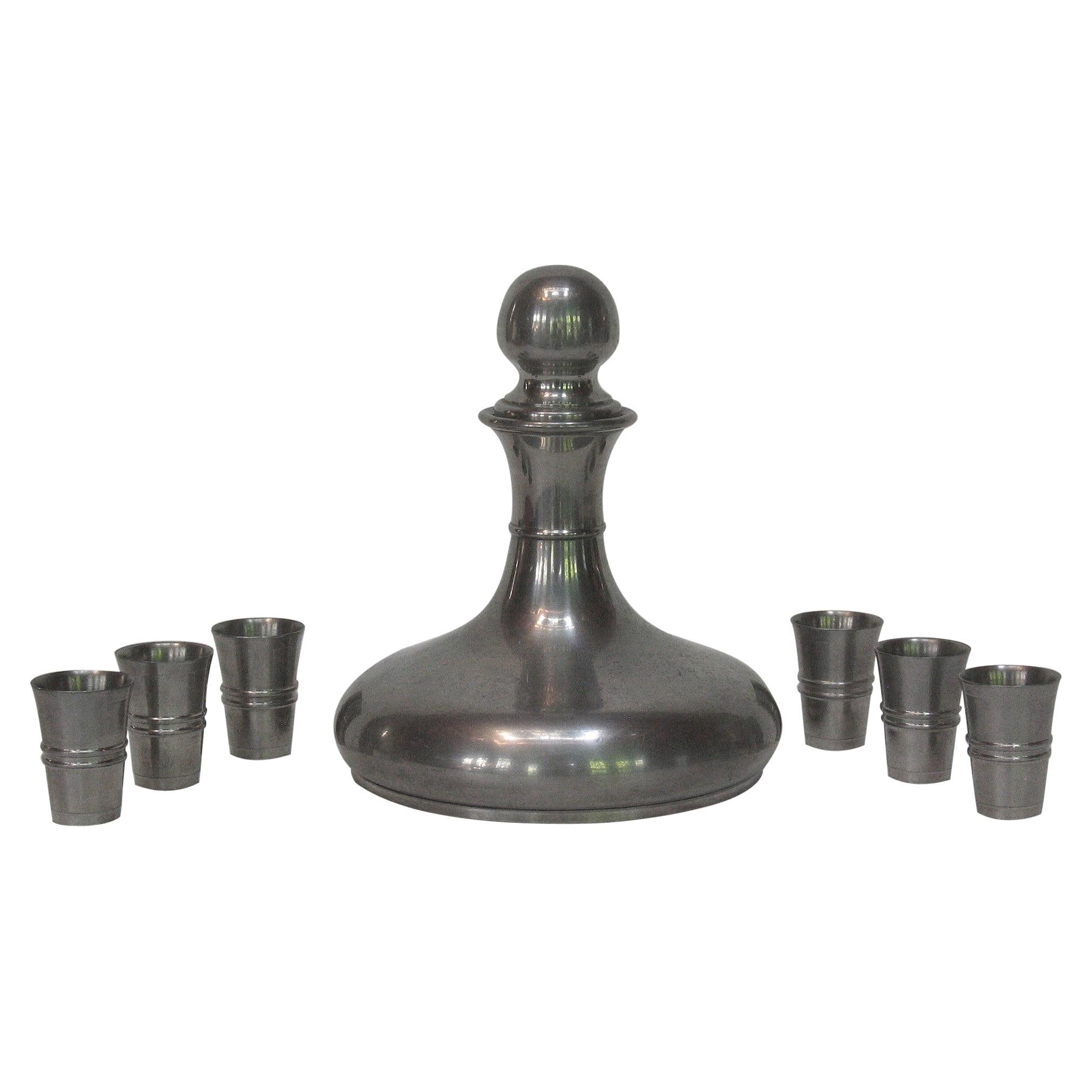 Elegant Pewter Ship Decanter and Six Cups Liquor Set For Sale at