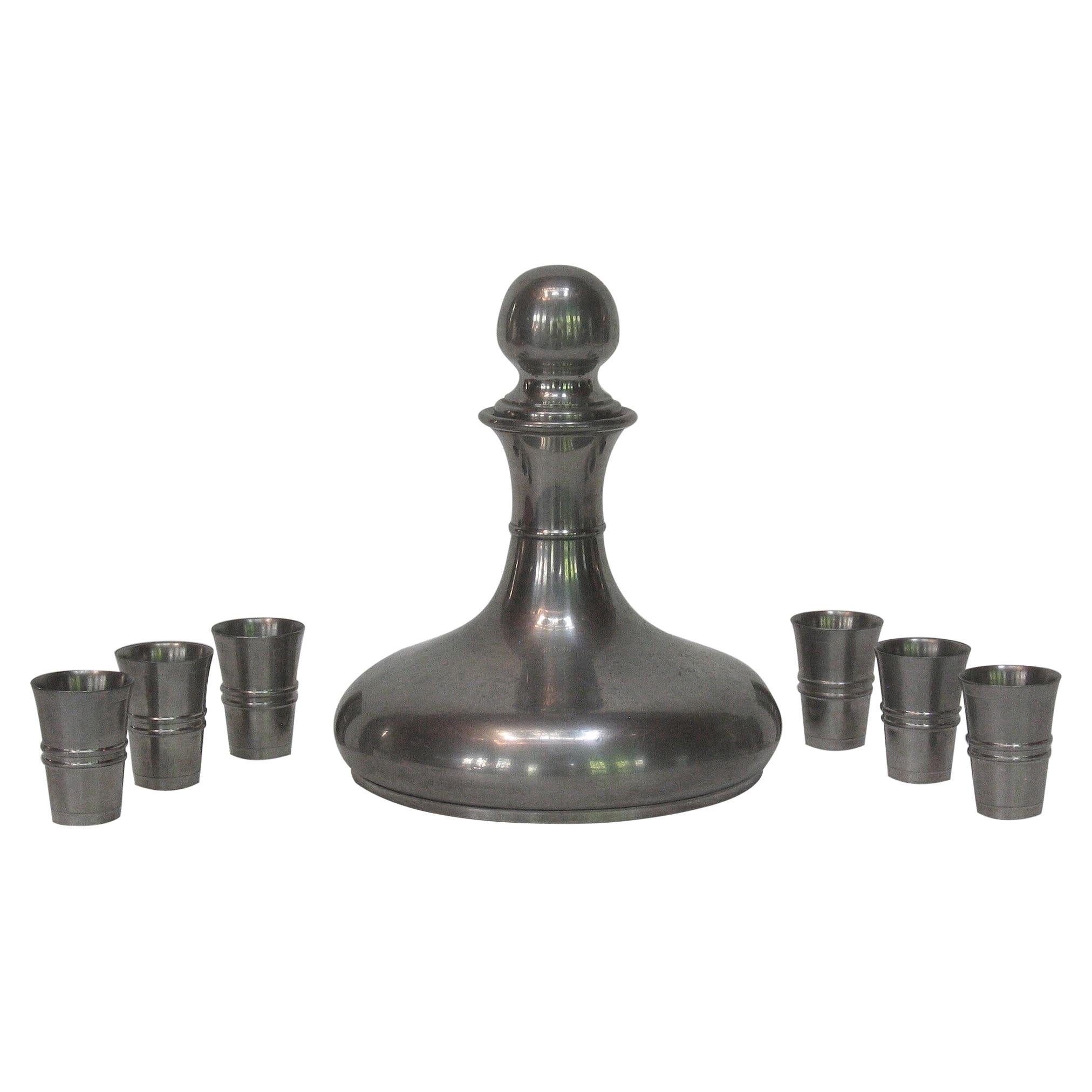 Elegant Pewter Ship Decanter & Six Cups Liquor Set