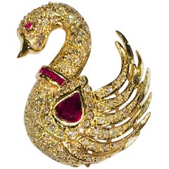 Elegant Pigeon Blood Red Ruby and Diamond Yellow Gold Swan Pendant or Brooch Pin