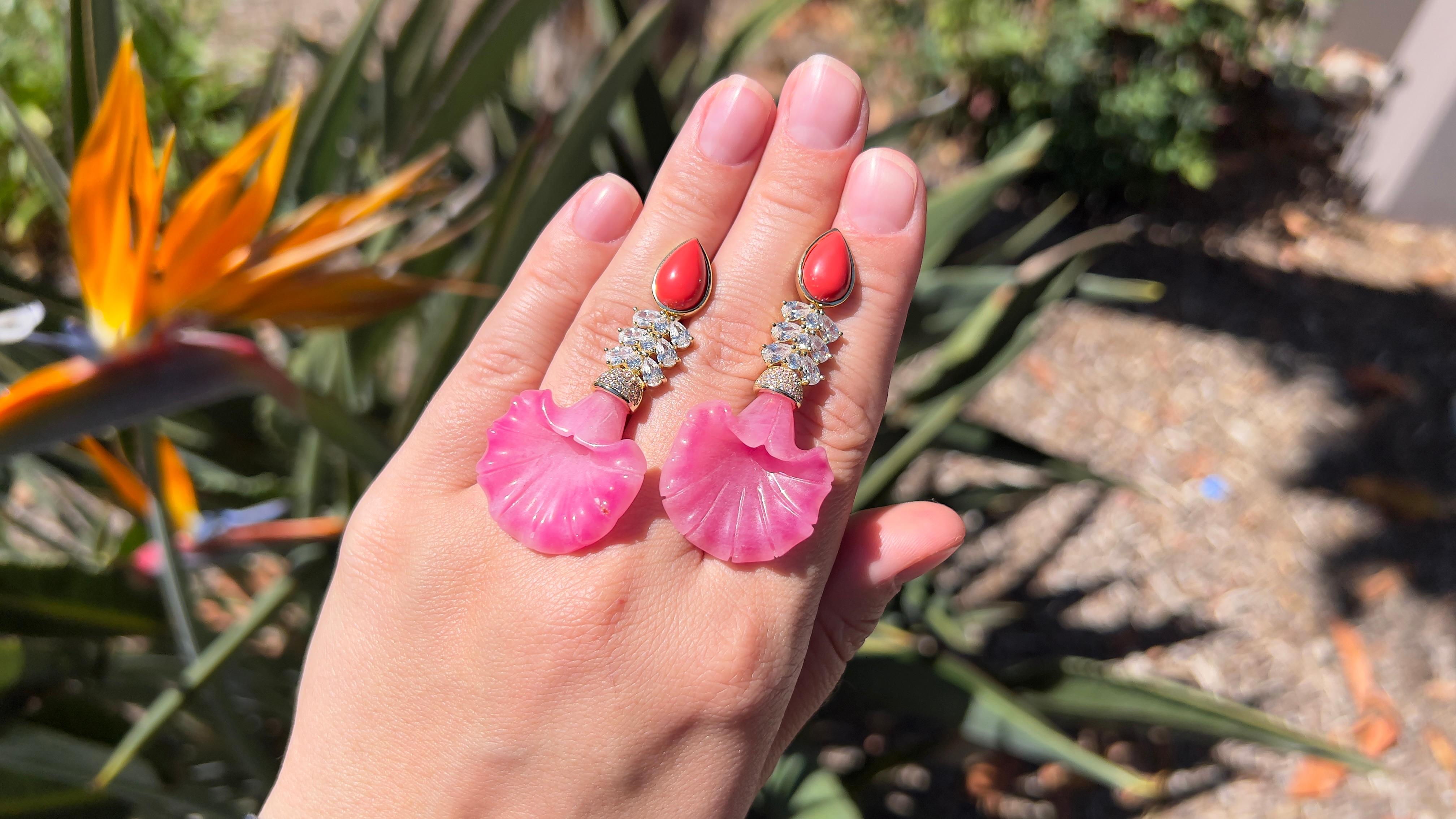 Modern Elegant Pink Flower Coral & Topaz 18K Gold Plated Earrings