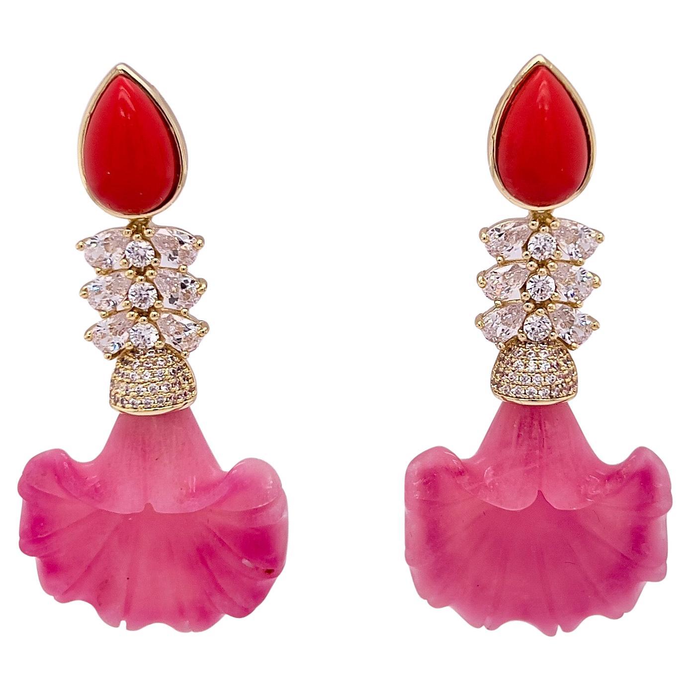 Elegant Pink Flower Coral & Topaz 18K Gold Plated Earrings