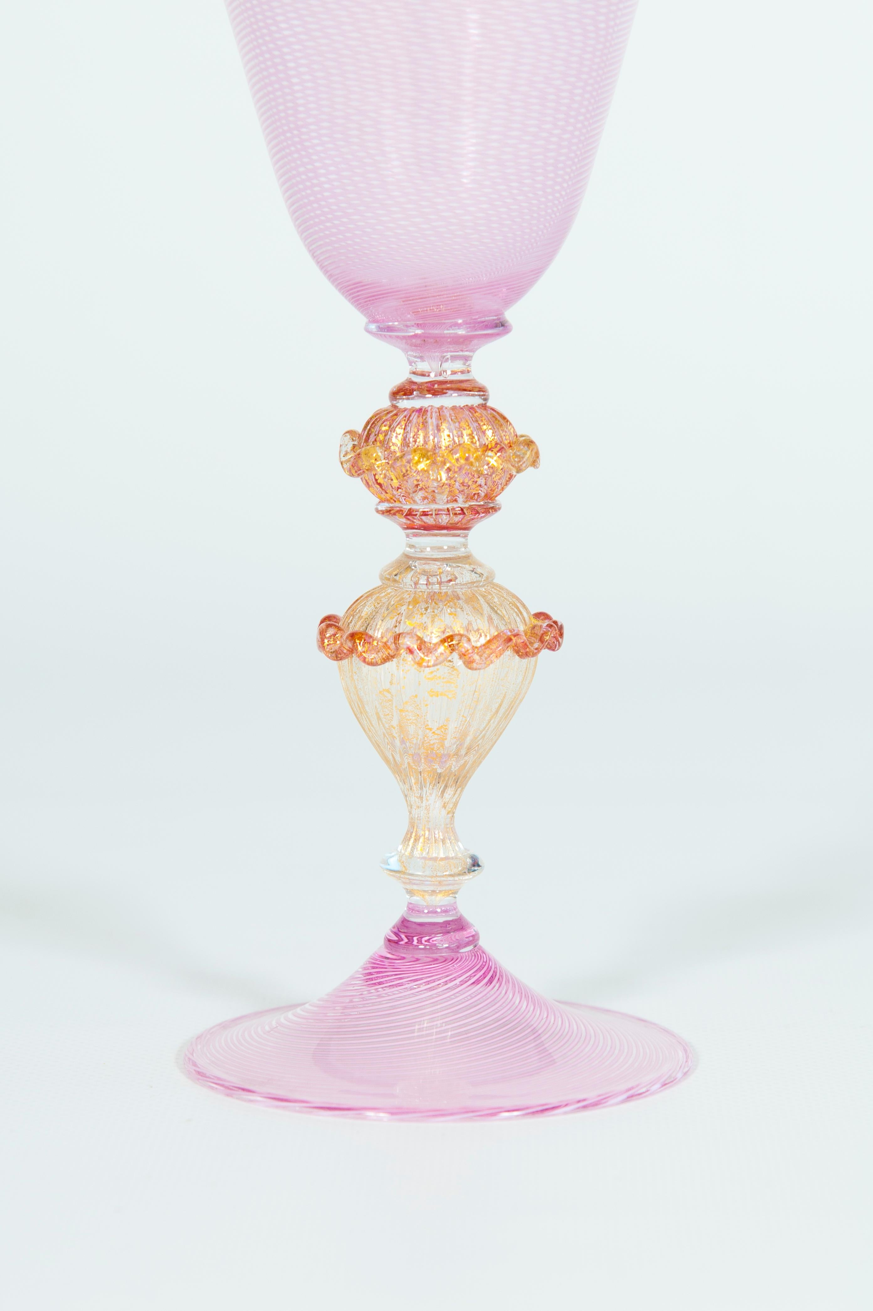 Italian Elegant Pink Goblet in Murano Glass with “Morise” Decorations, Italy, 1990s