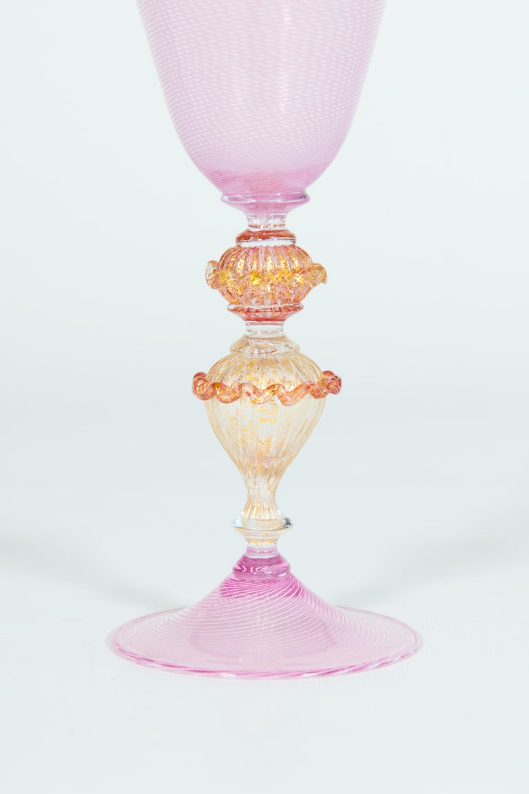 Hand-Crafted Elegant Pink Goblet in Murano Glass with “Morise” Decorations, Italy, 1990s For Sale