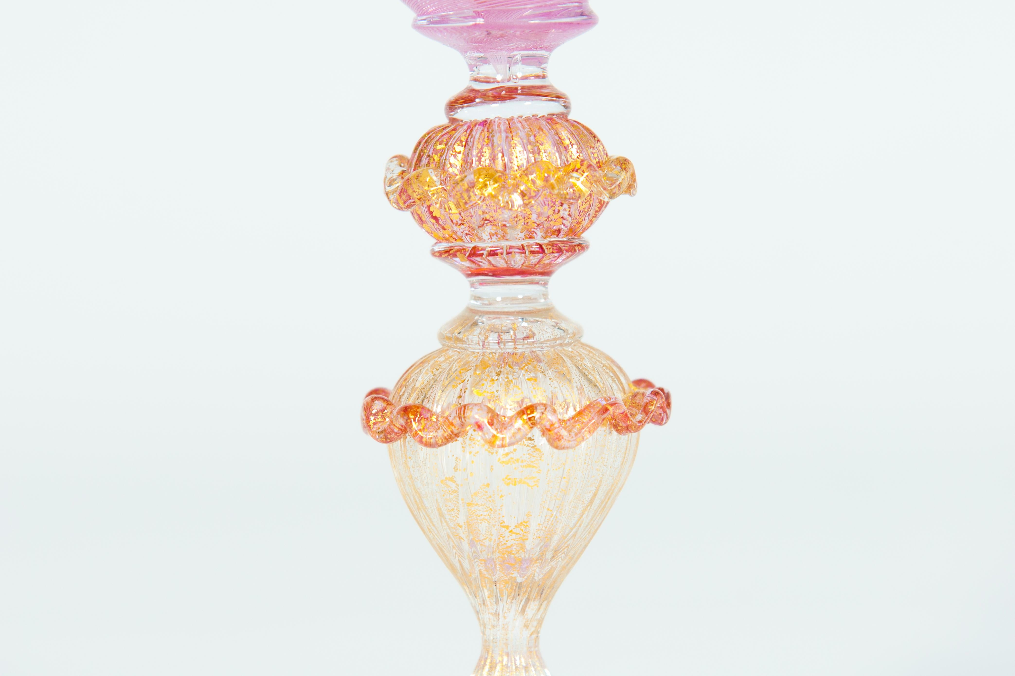 Hand-Crafted Elegant Pink Goblet in Murano Glass with “Morise” Decorations, Italy, 1990s