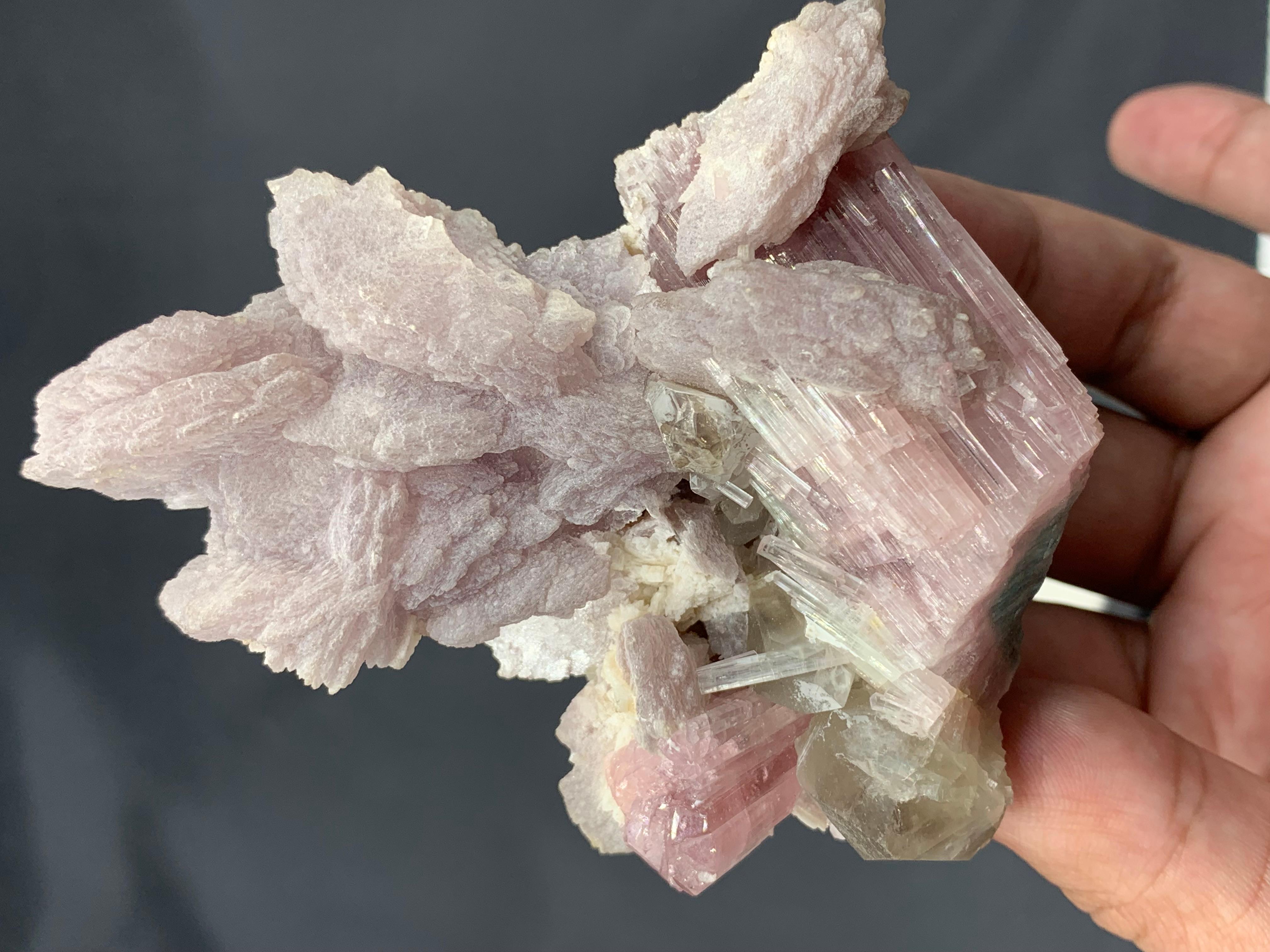 Elegant Pink Lepidolite On Pink Tourmaline Crystals With Quartz From Afghanistan For Sale 4