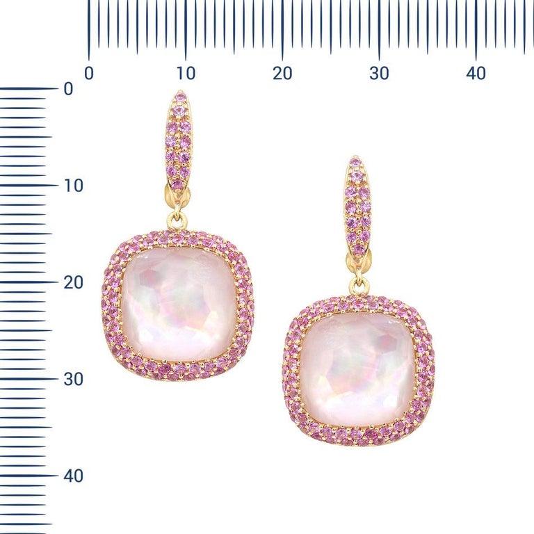 Earrings Rose Gold 18 K 
Pink sapphire 142-Round-1,78 3/2A 
Mother of pearl 2-4,3 ct 
Rock Crystal 2--Square-8,15 1/1A  
Pink sapphire58-Round-1,14 3/2A 
Mother of pearl 1-1,1 ct 
Rock crystal 1-Square-4,7 1/1A  
Weight 9,44 gram

With a heritage of