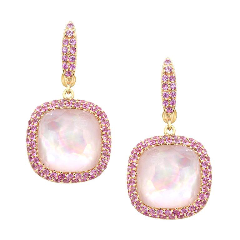 Élégantes boucles d'oreilles en or 18 carats avec saphir rose, nacre et cristal de roche et diamants