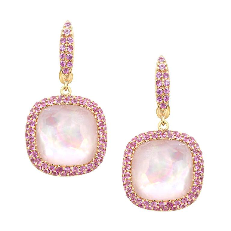 Elegant Pink Sapphire Mother of Pearl Rock Crystal 18K Gold Diamond Earrings For Sale