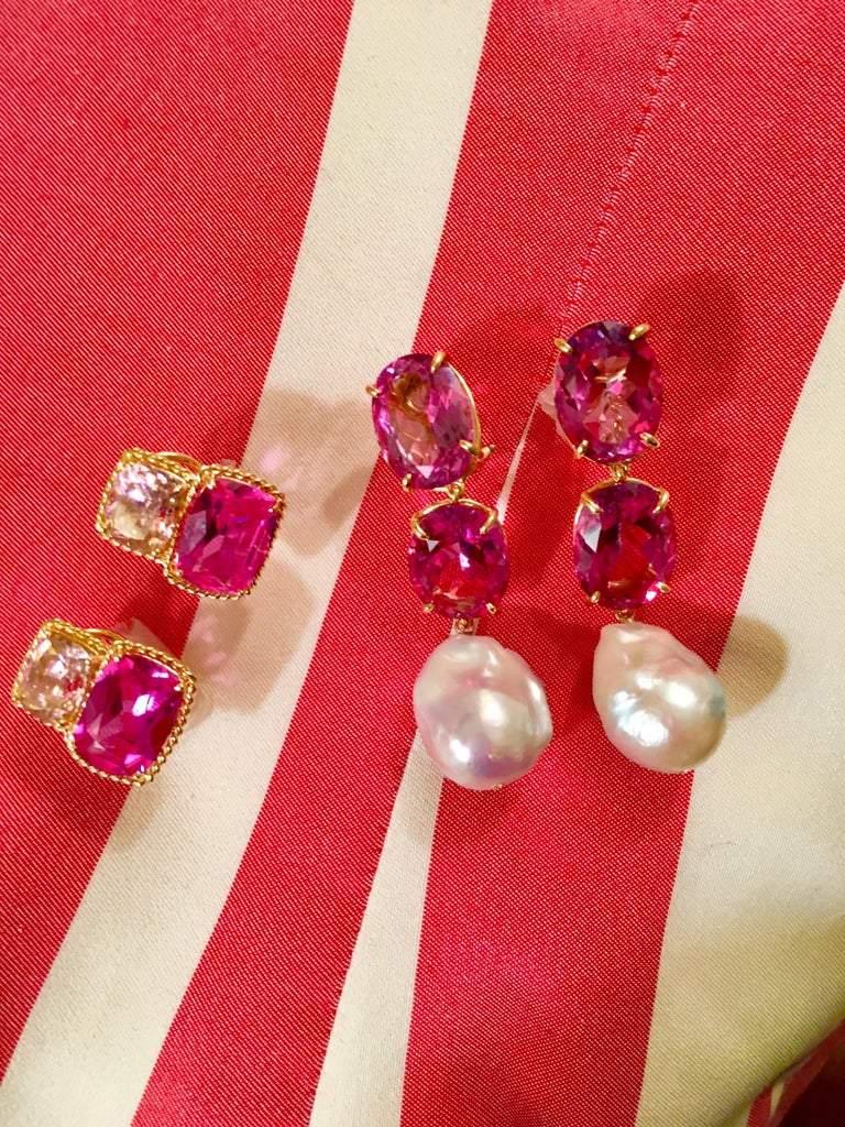 Women's or Men's Elegant Pink Topaz Gold Rope Twist Border Two Stone Earrings  For Sale