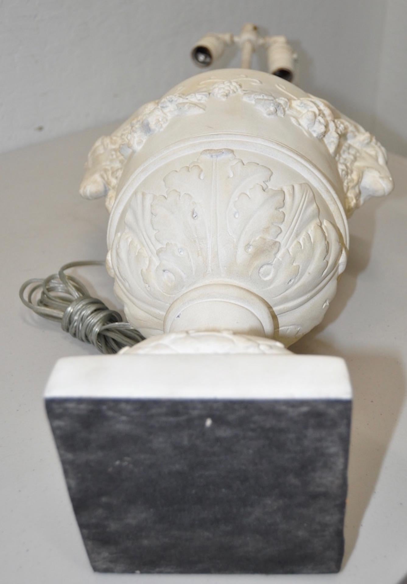 Cast Elegant Plaster Urn Lamp with Rams Head Handles, circa 1950s For Sale