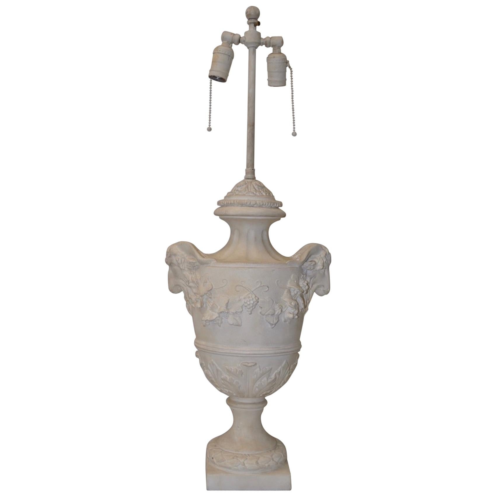 Elegant Plaster Urn Lamp with Rams Head Handles, circa 1950s For Sale