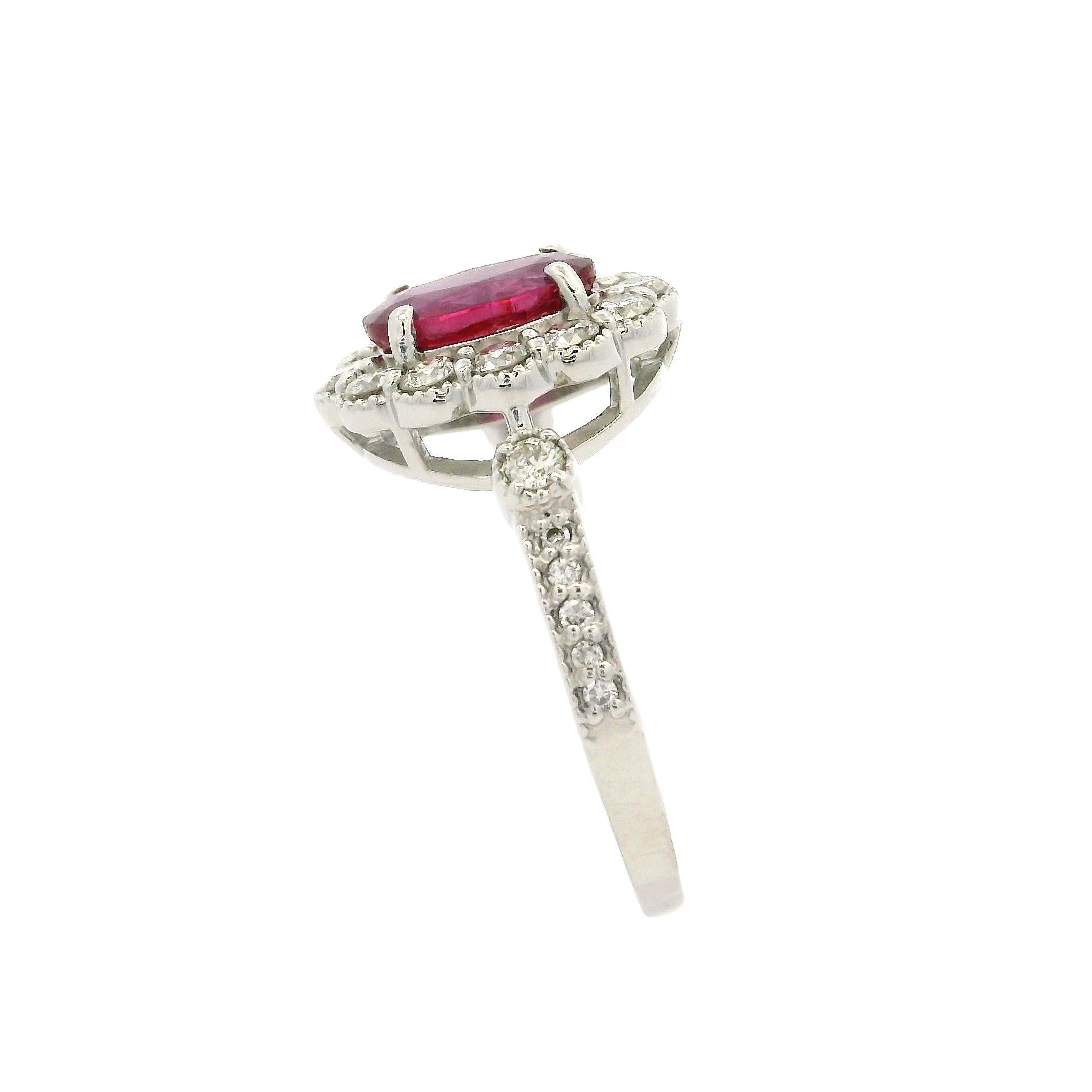 Elegant Platinum AIGS 1.74ctw NO Heat Oval Ruby & Diamond Milgrain Halo Ring For Sale 6