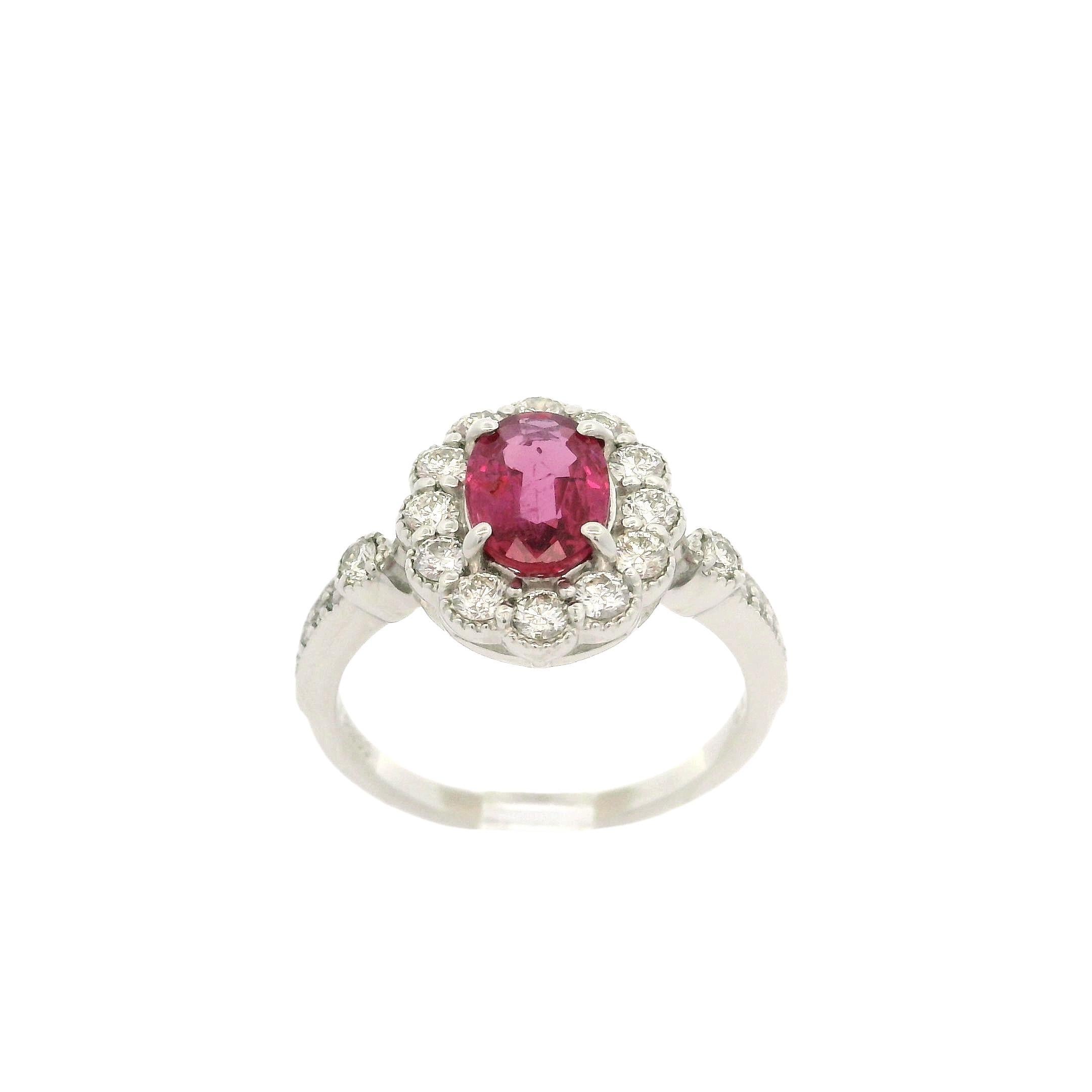 Elegant Platinum AIGS 1.74ctw NO Heat Oval Ruby & Diamond Milgrain Halo Ring For Sale 7