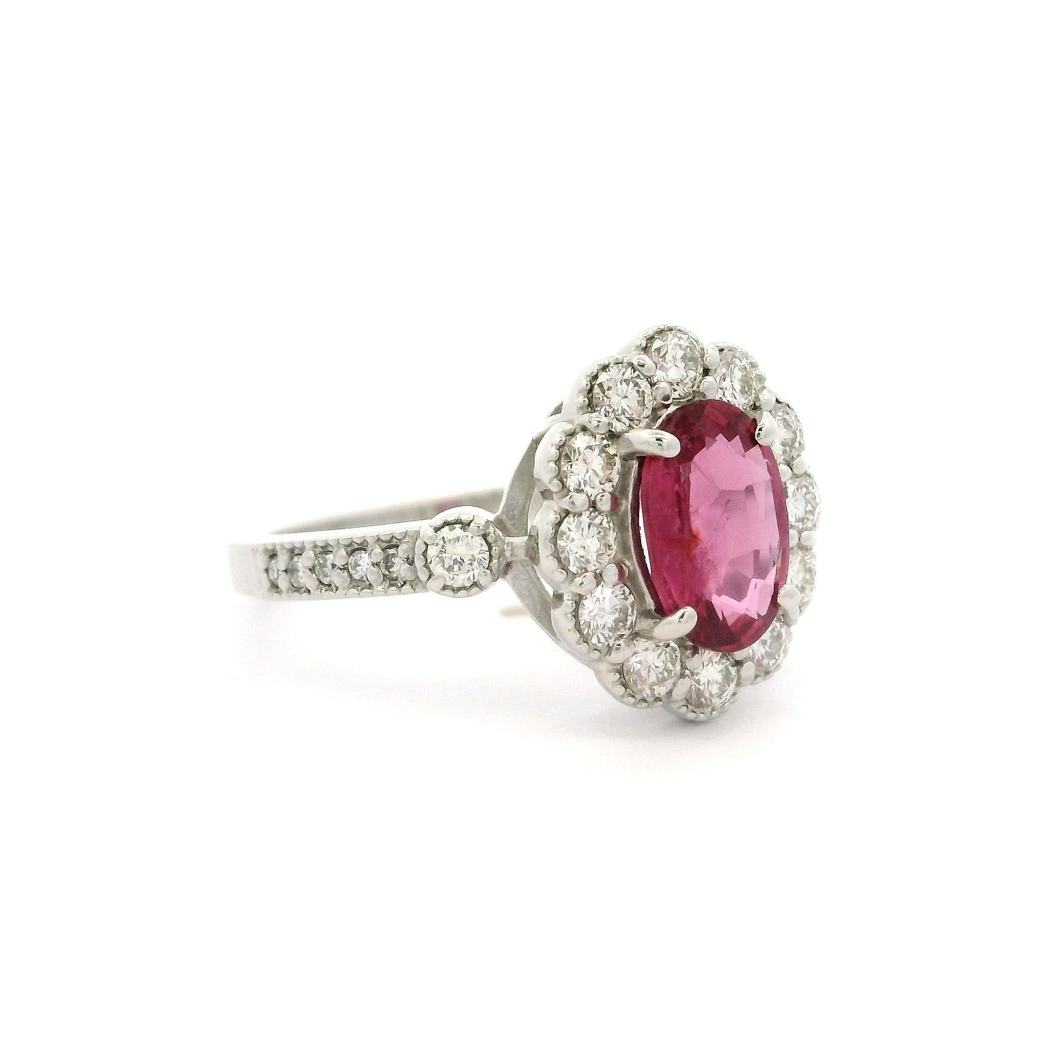 Elegant Platinum AIGS 1.74ctw NO Heat Oval Ruby & Diamond Milgrain Halo Ring For Sale 1