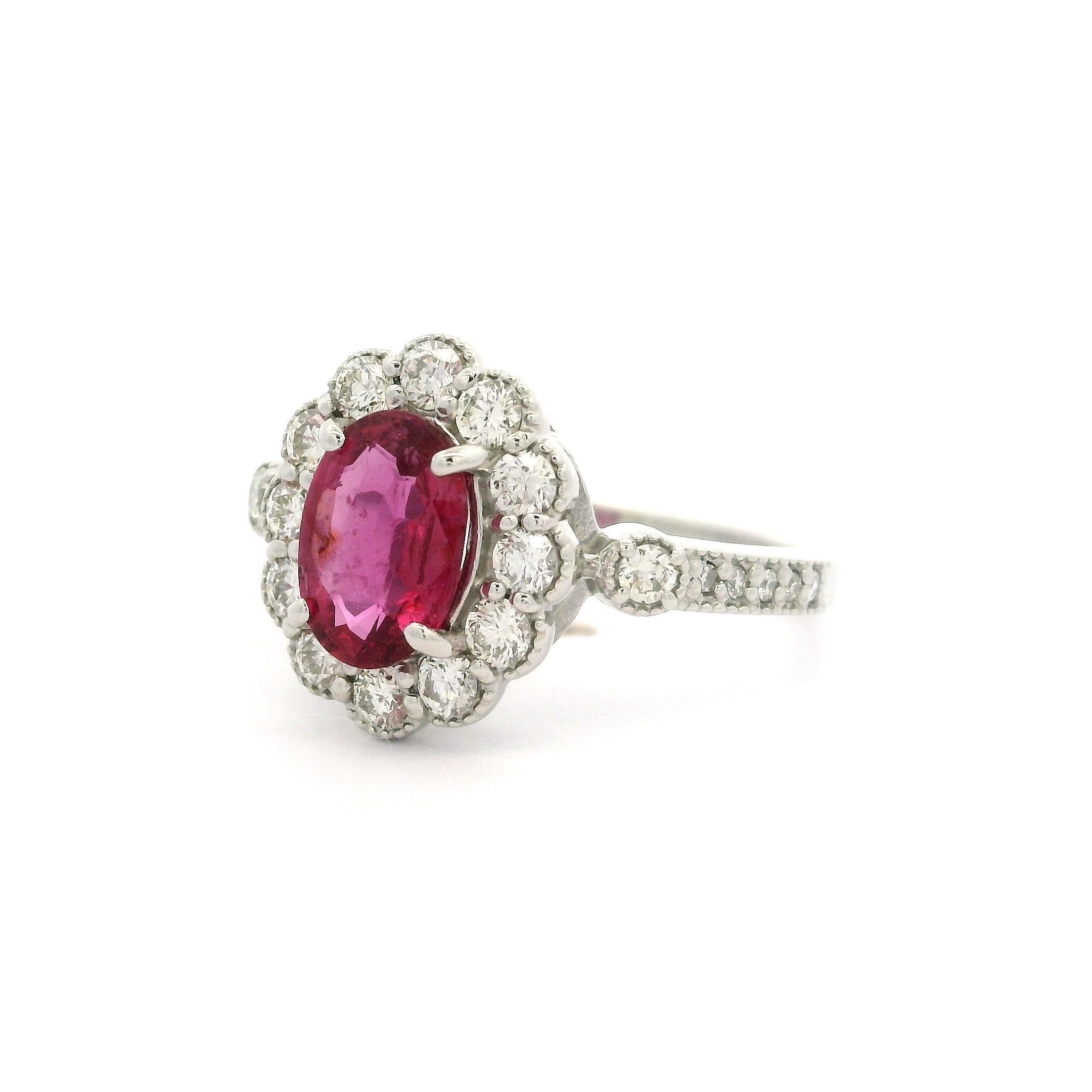 Elegant Platinum AIGS 1.74ctw NO Heat Oval Ruby & Diamond Milgrain Halo Ring For Sale 2