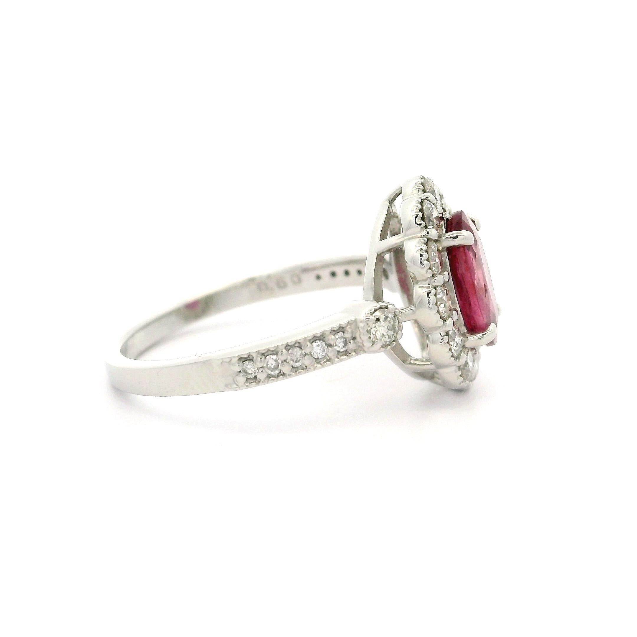 Elegant Platinum AIGS 1.74ctw NO Heat Oval Ruby & Diamond Milgrain Halo Ring For Sale 4