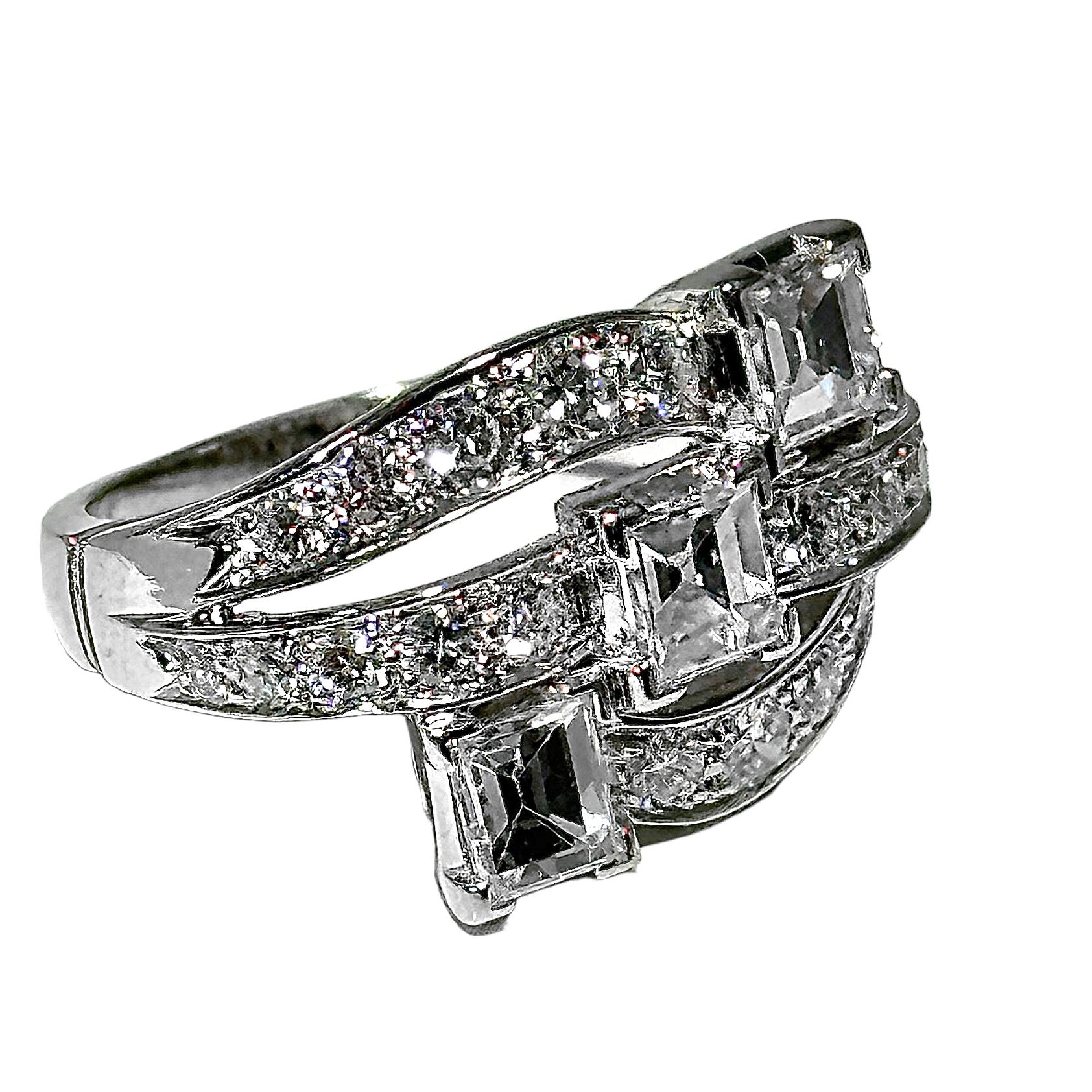 Elegant Platinum Art-Deco Cocktail Ring with Mirror Cut & Brilliant Cut Diamonds For Sale 6