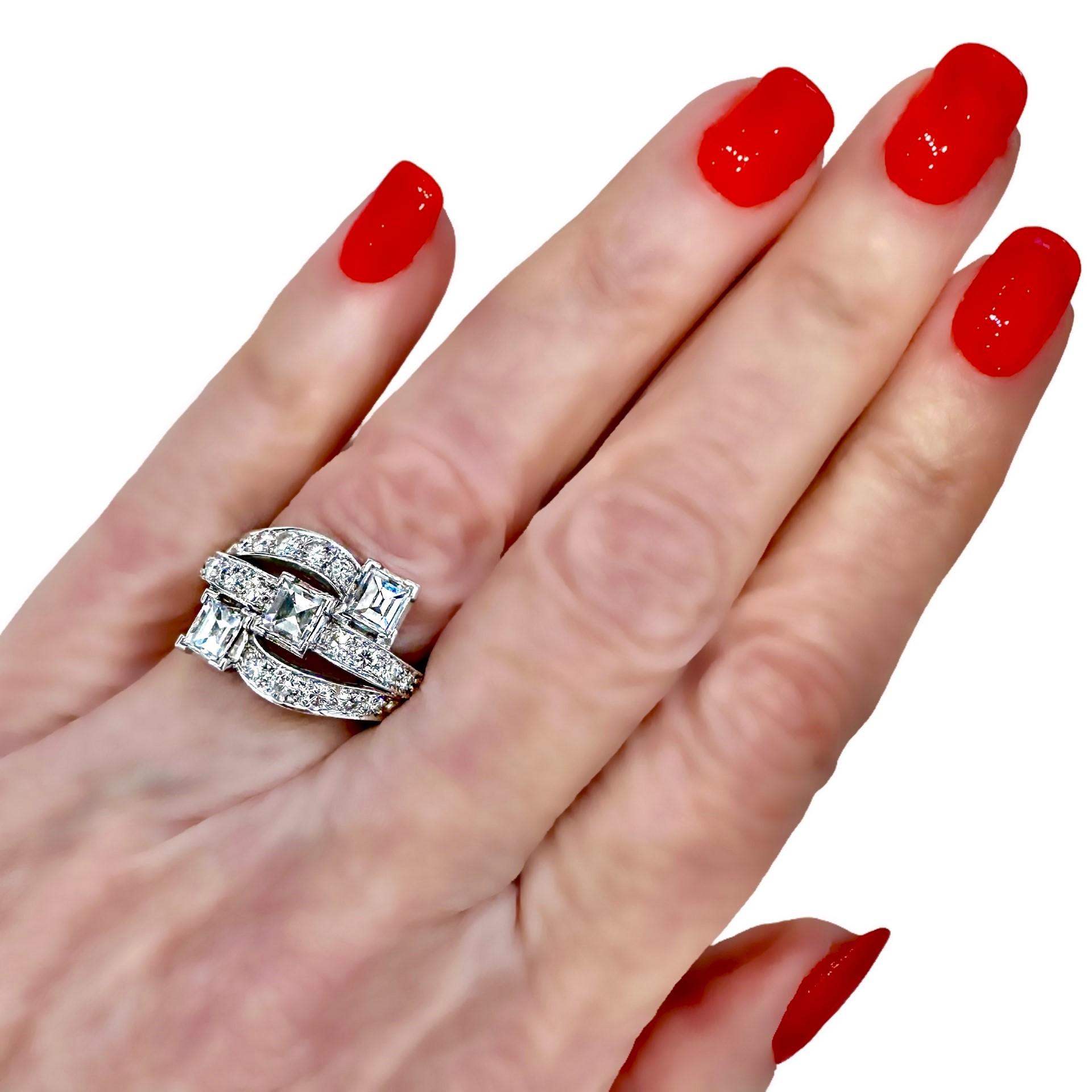 Elegant Platinum Art-Deco Cocktail Ring with Mirror Cut & Brilliant Cut Diamonds For Sale 11