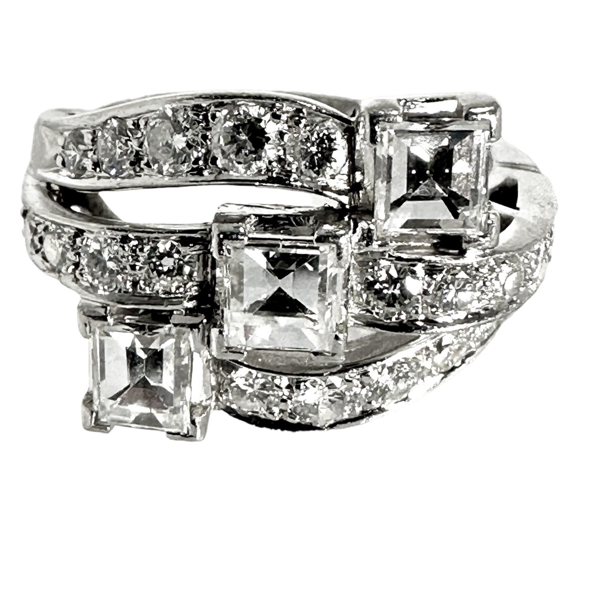 Art Deco Elegant Platinum Art-Deco Cocktail Ring with Mirror Cut & Brilliant Cut Diamonds For Sale