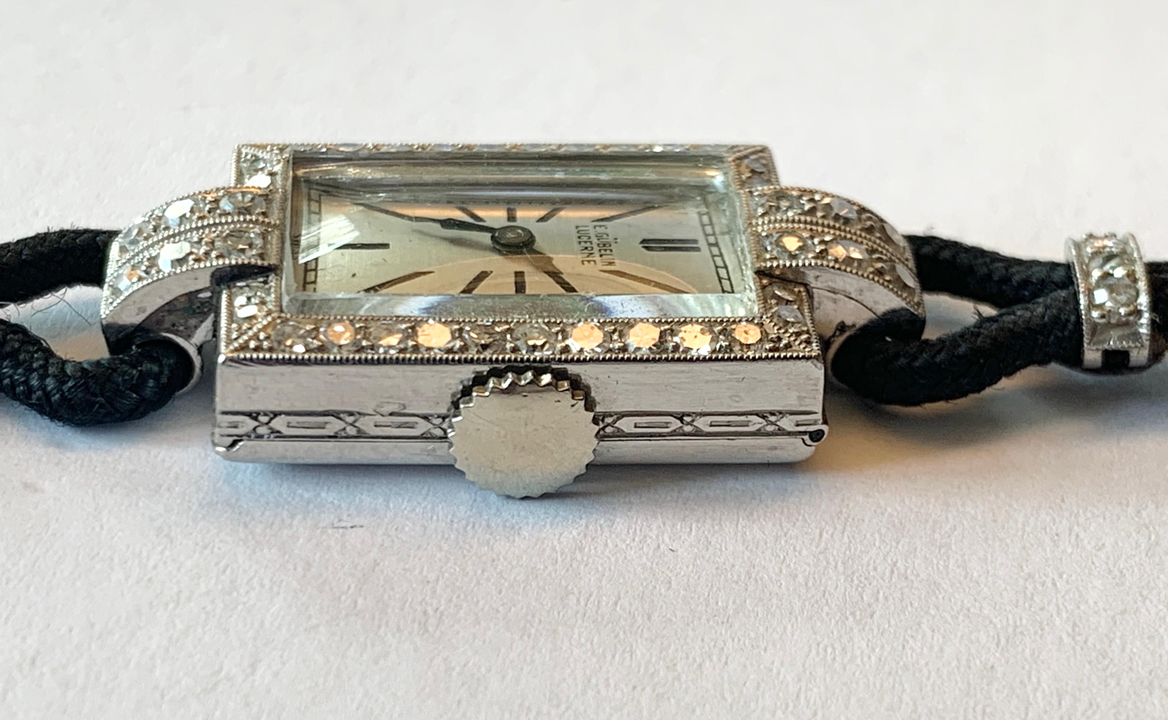 Elegant Platinum Art Deco Wristwatch with Diamonds, Signed Gübelin 1