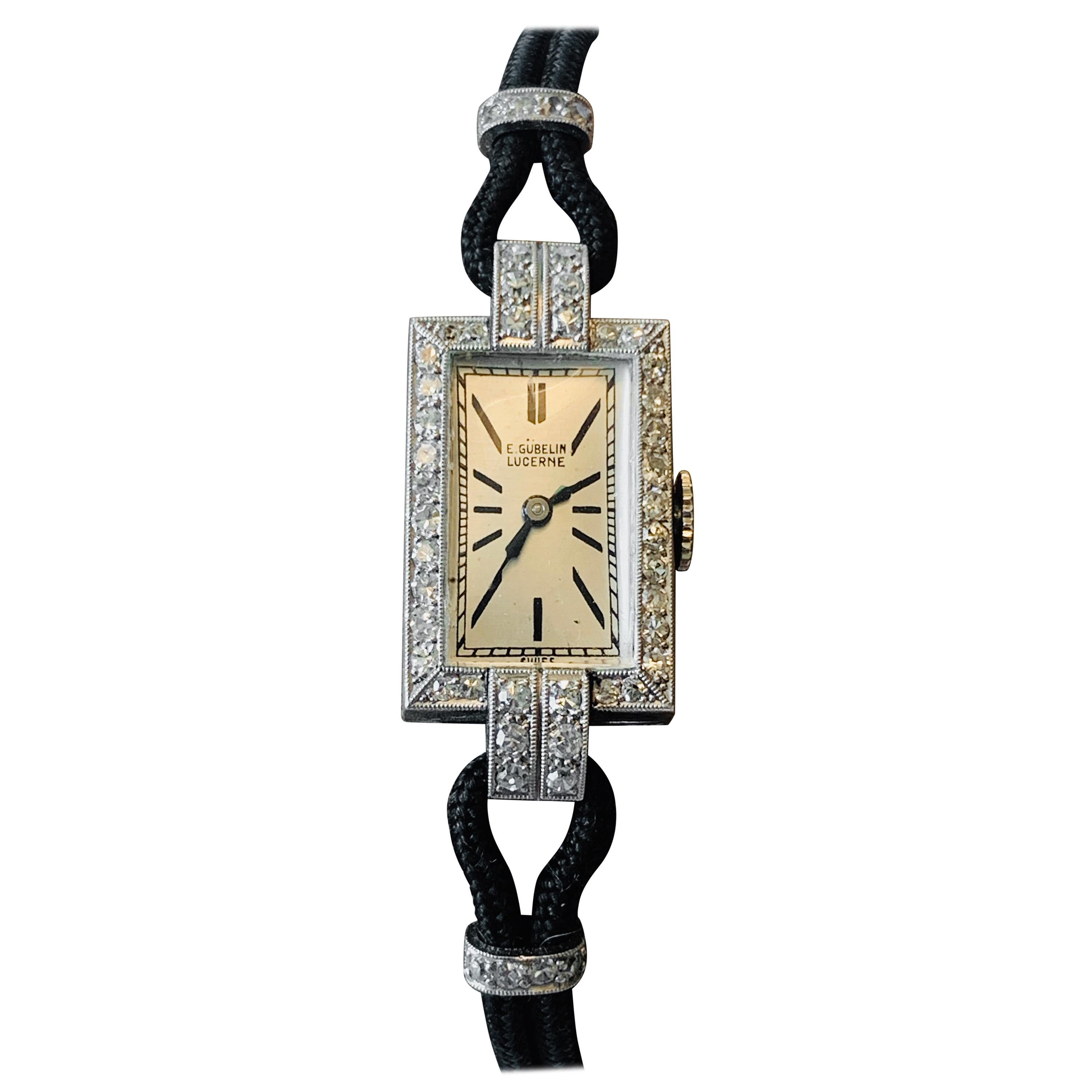 Elegant Platinum Art Deco Wristwatch with Diamonds, Signed Gübelin