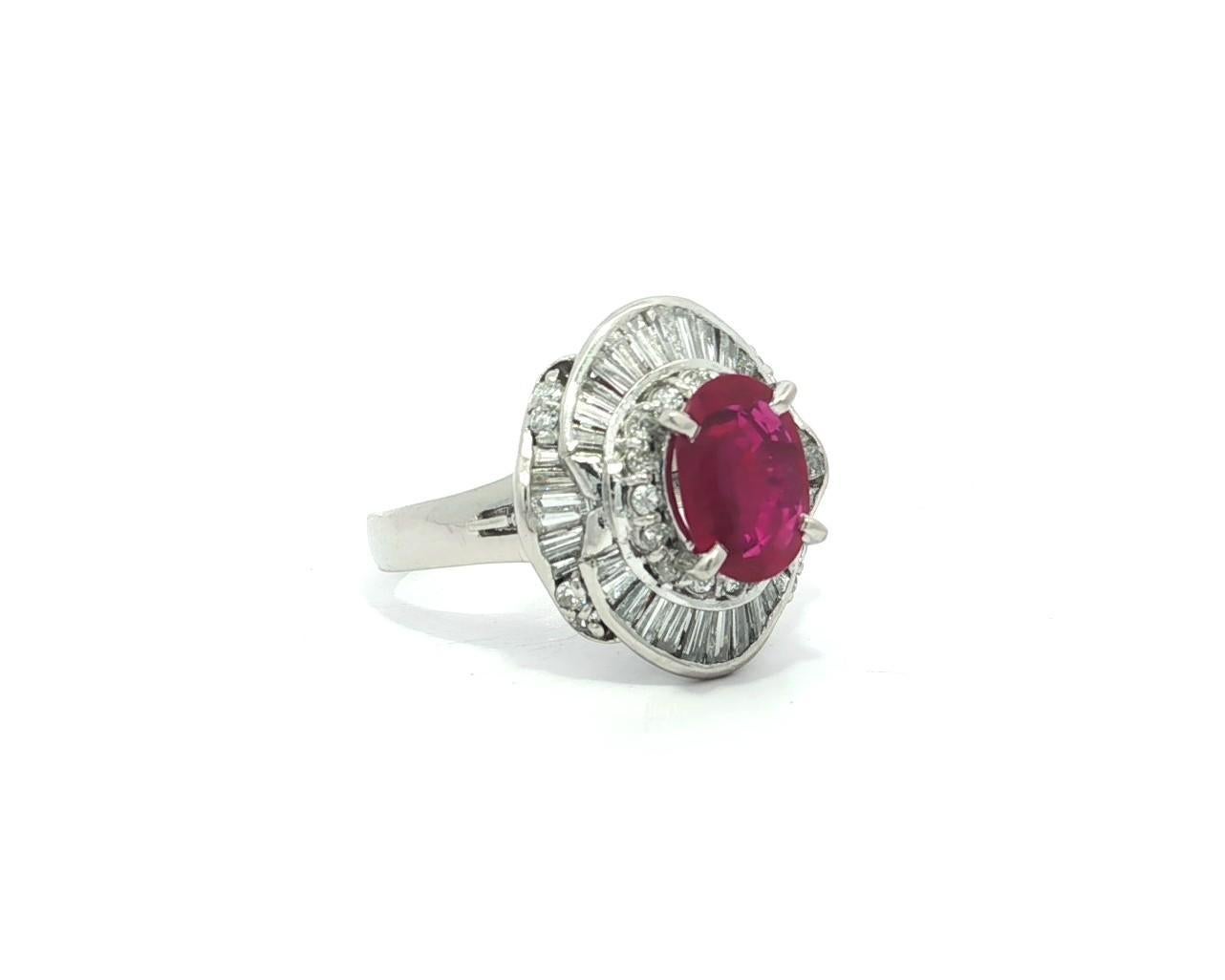 Elegant Platinum GIA 2.72ctw Oval Vivid Red Ruby w/ Diamond Ballerina Ring in vendita 6