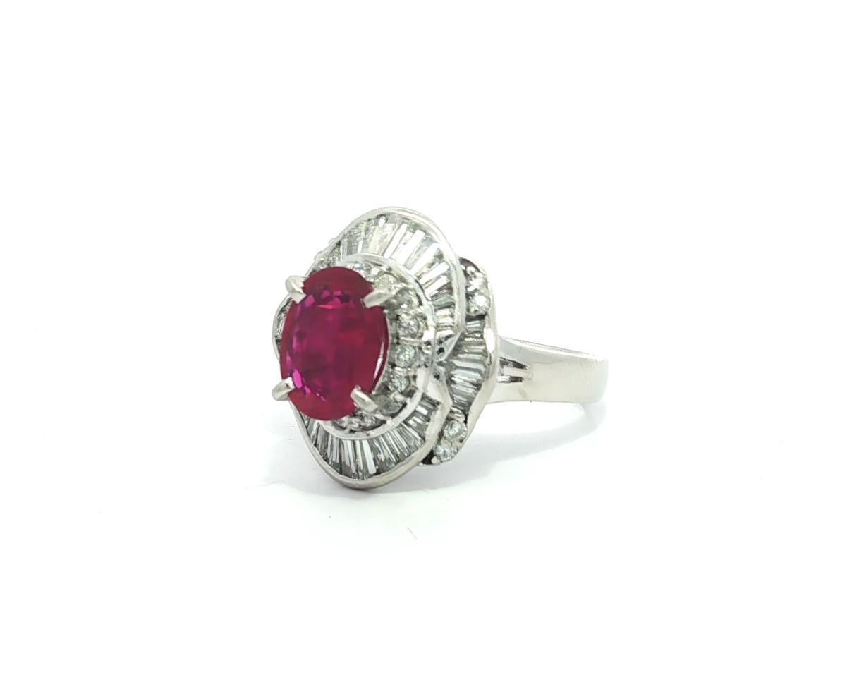 --Stone(s):--
(1) Natural Genuine Ruby - Oval Brilliant Cut - Prong Set - Vivid Red Color - 9.21 x 6.77 x 2.52mm (approx.) - 1.58ct (exact)
** See Certification Details Below for Complete Info ** 
Natural Genuine Diamonds - Baguette & Round