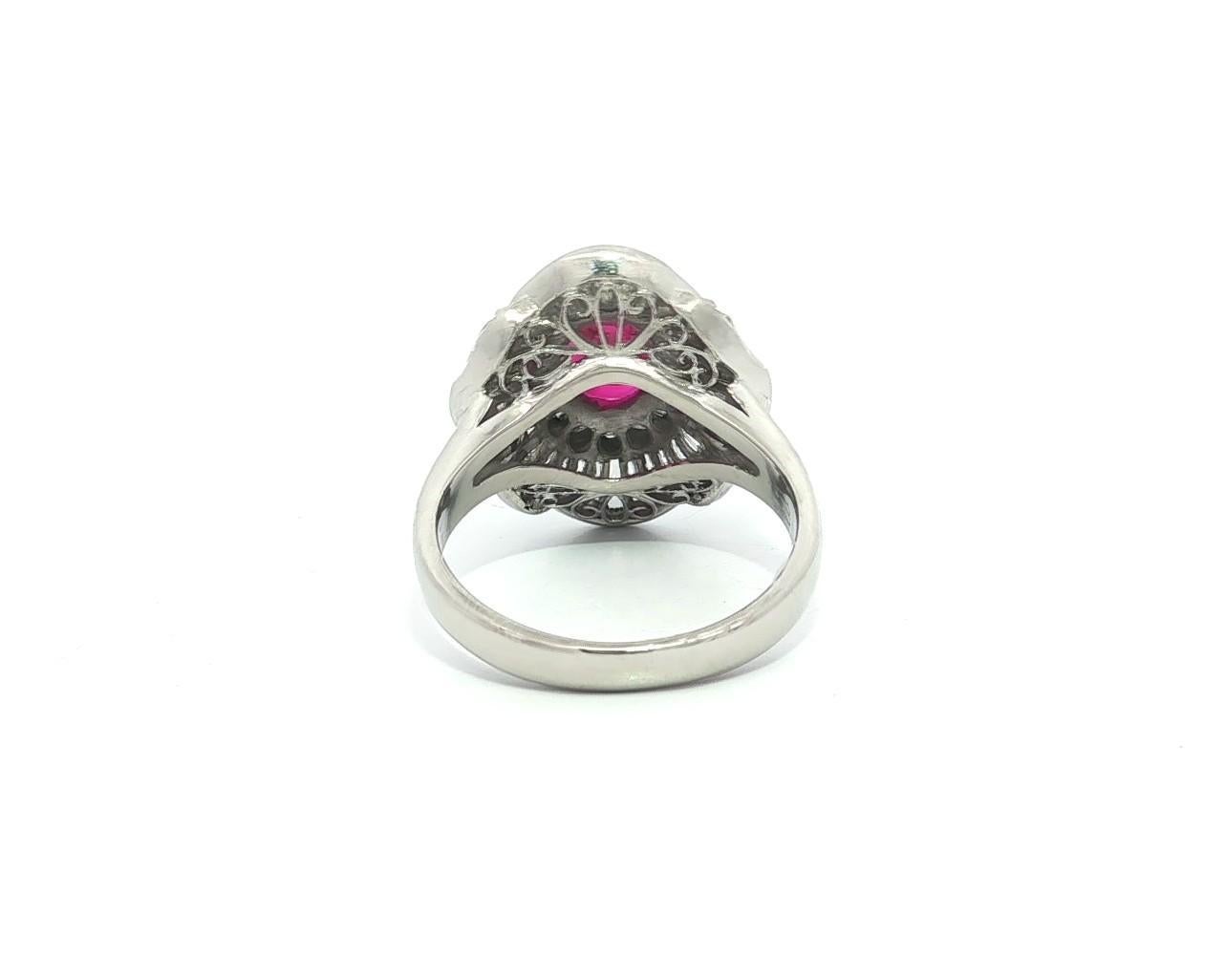 Elegant Platinum GIA 2.72ctw Oval Vivid Red Ruby w/ Diamond Ballerina Ring In condizioni ottime in vendita a Montclair, NJ