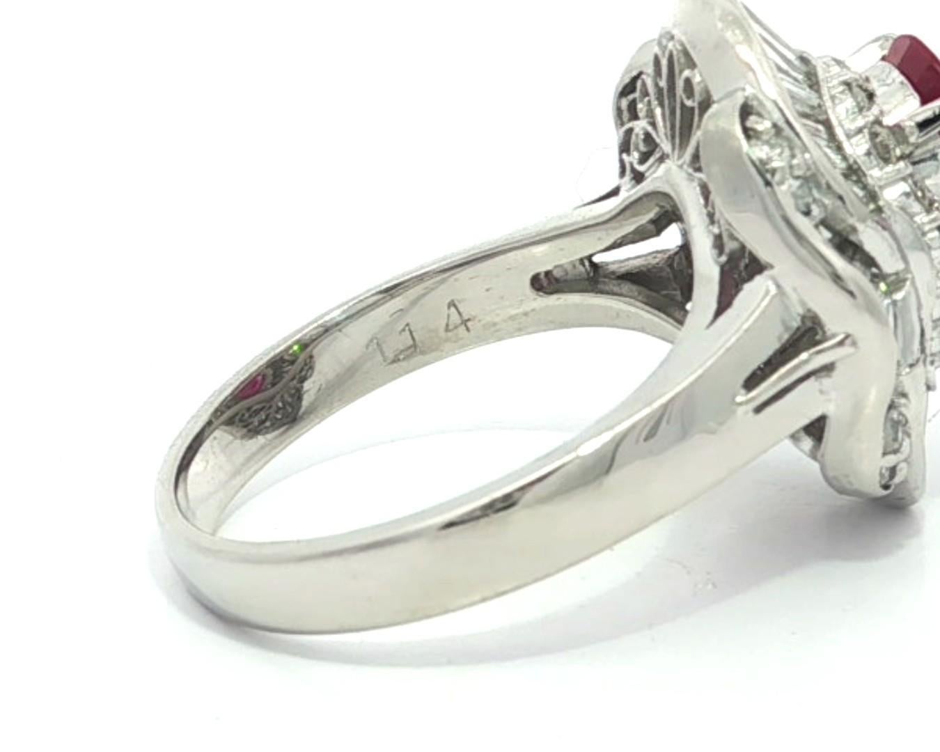 Elegant Platinum GIA 2.72ctw Oval Vivid Red Ruby w/ Diamond Ballerina Ring in vendita 1
