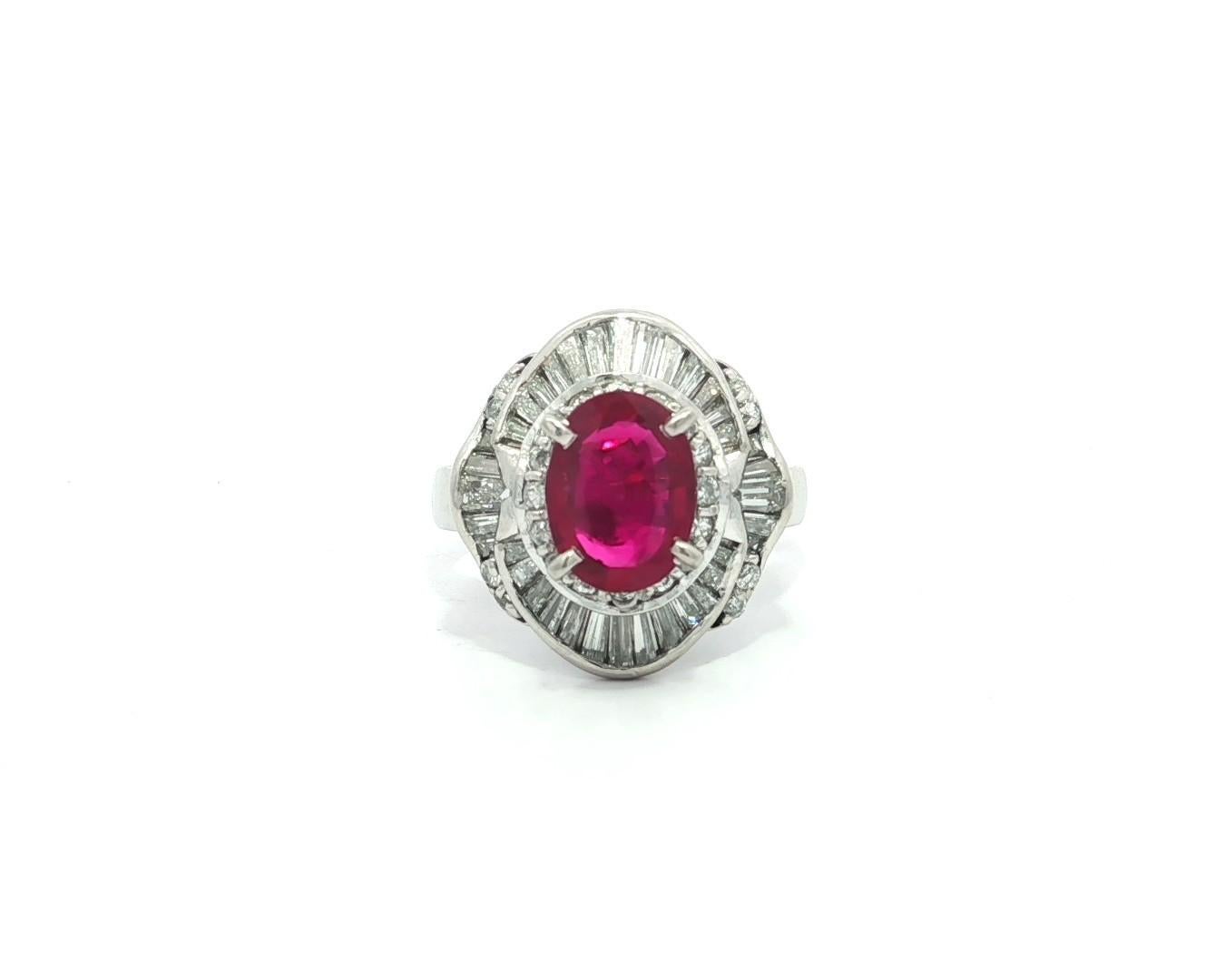 Elegant Platinum GIA 2.72ctw Oval Vivid Red Ruby w/ Diamond Ballerina Ring
