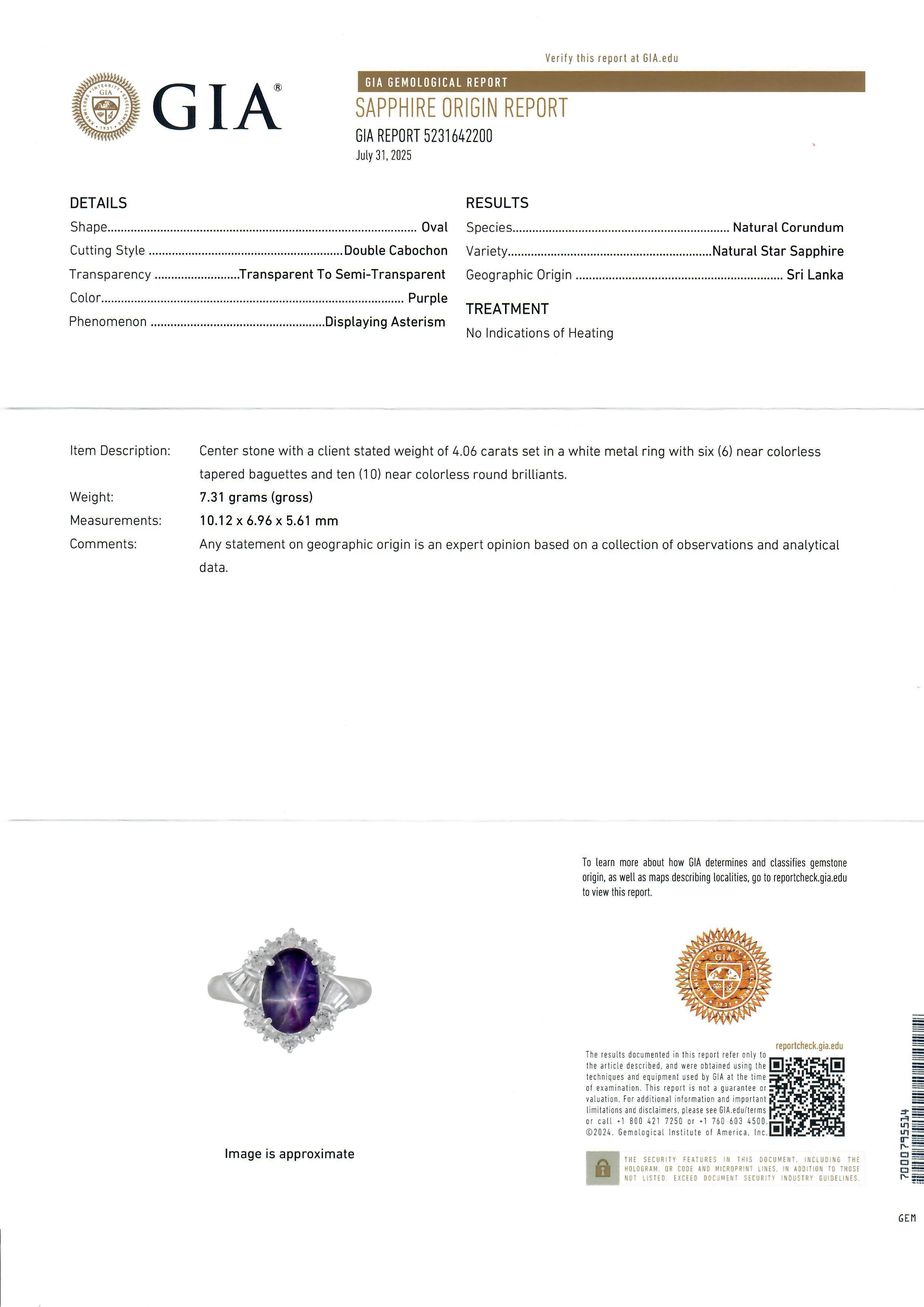Elegante Anillo de Platino GIA 4,71ctw Zafiro Estrella Púrpura Cabujón Ovalado c/ Diamante en venta 12